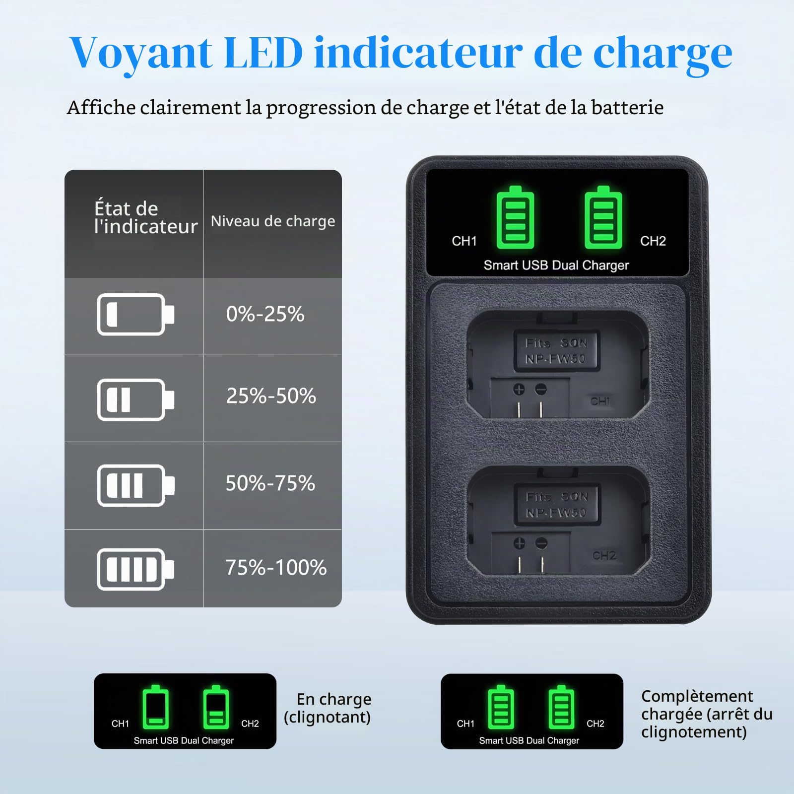 Lot de 2 batteries NP-FW50 et chargeur pour Sony ZV-E10, A6000, A6300, A6500, A6400, A7RII, A7, A7R, A7II, A7SII, A7S, A5000, A5100, NEX-3N, NEX-5, NEX-6, NEX-7, A33, A35, A37, A55, DSC-RX10/II/III/IV