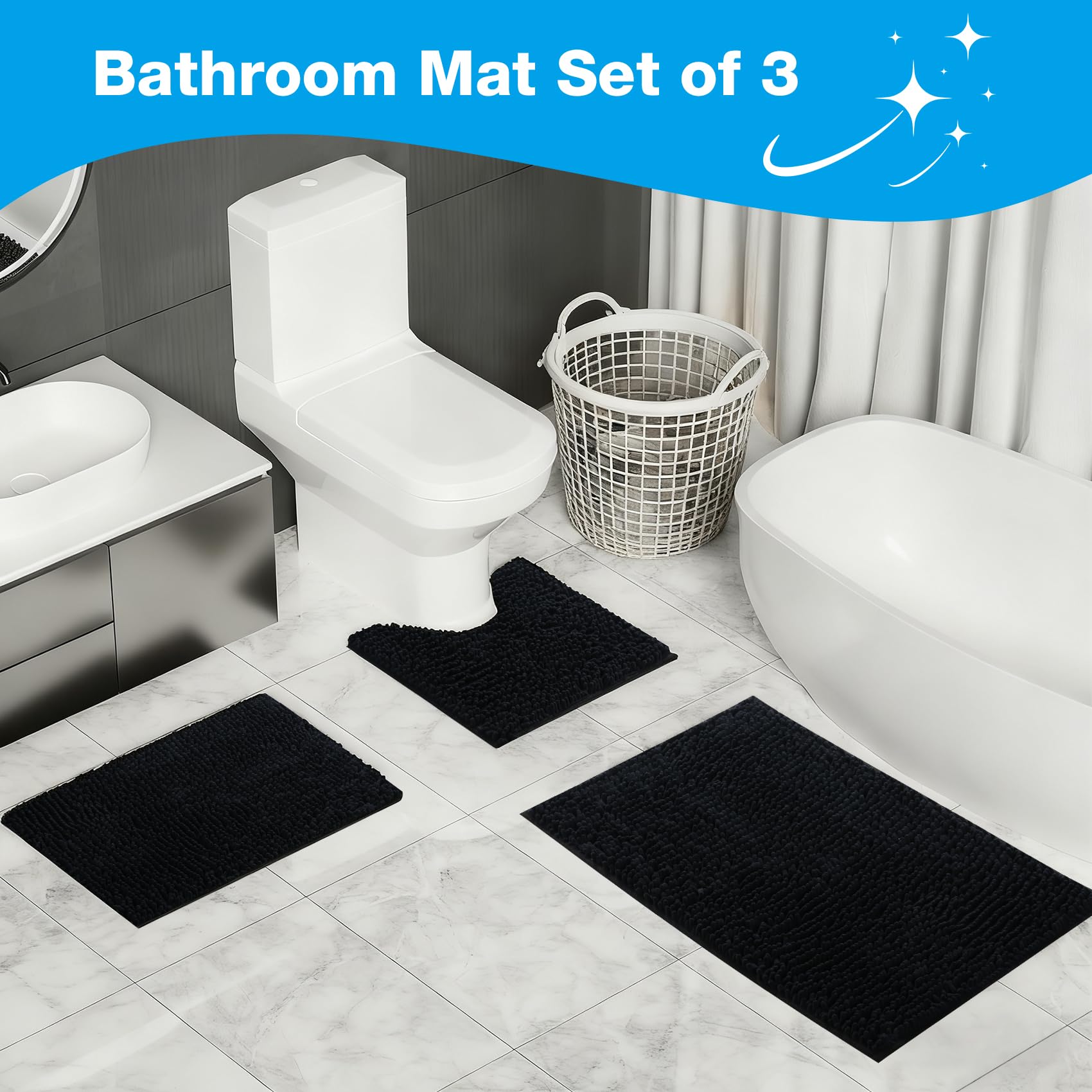 Set di 3 tappetini da bagno e WC, ultra morbidi in ciniglia, antiscivolo