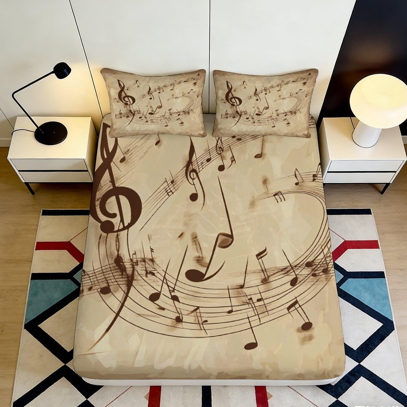 Jqzkxnhpbr Style-9 3D Printed Musical Notes Fitted Sheet Microfiber Soft Beige Music Melody Bed Cover For Bedroom Guest Room Decor 90X200x25cm