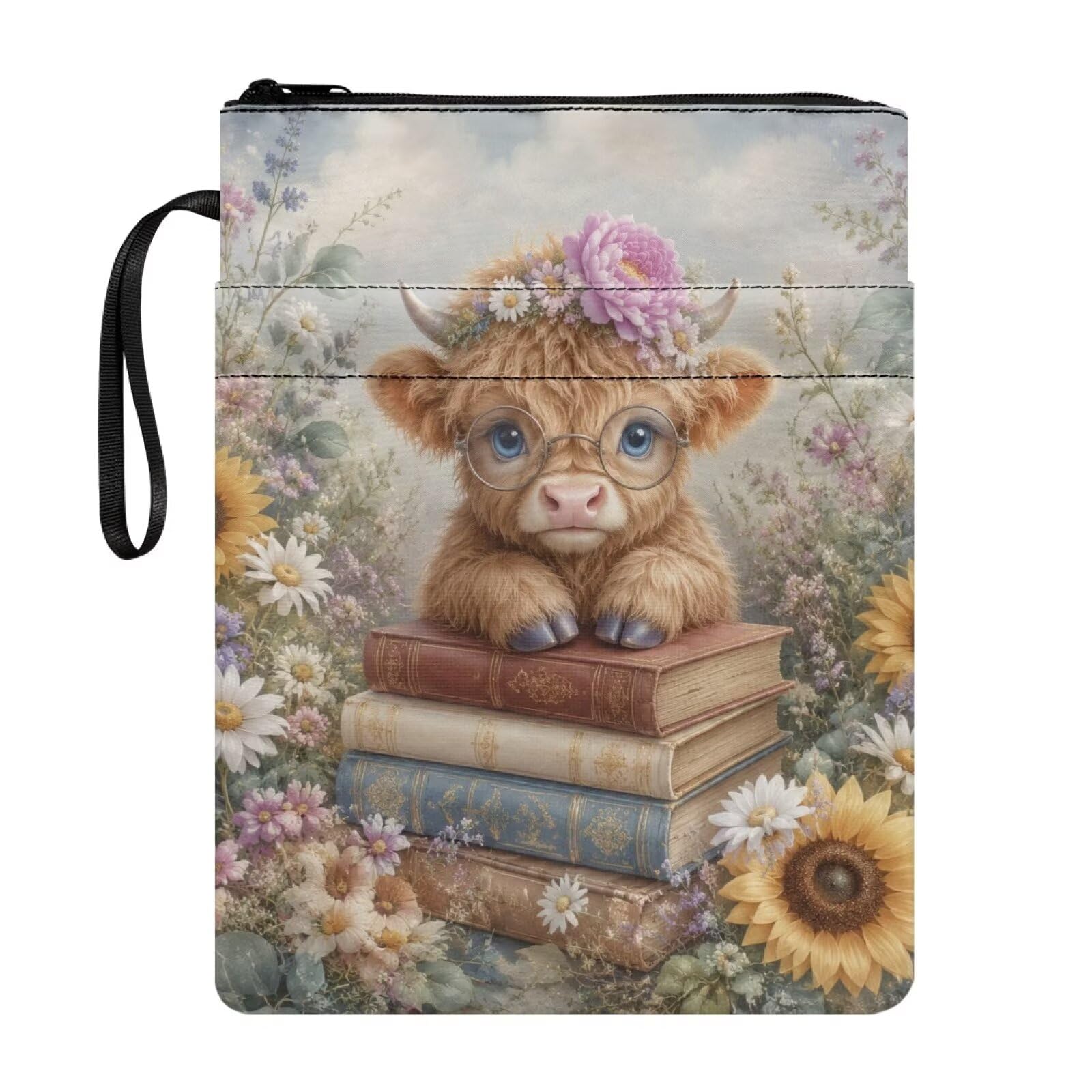 Poceacles Book Pouch Sleeve with Zipper Washable Fabric Book Covers for Paperbacks Hardcover Notebook Bible Journal Textbooks, Highland Cow Sunflower Daisy Book Print — image 1