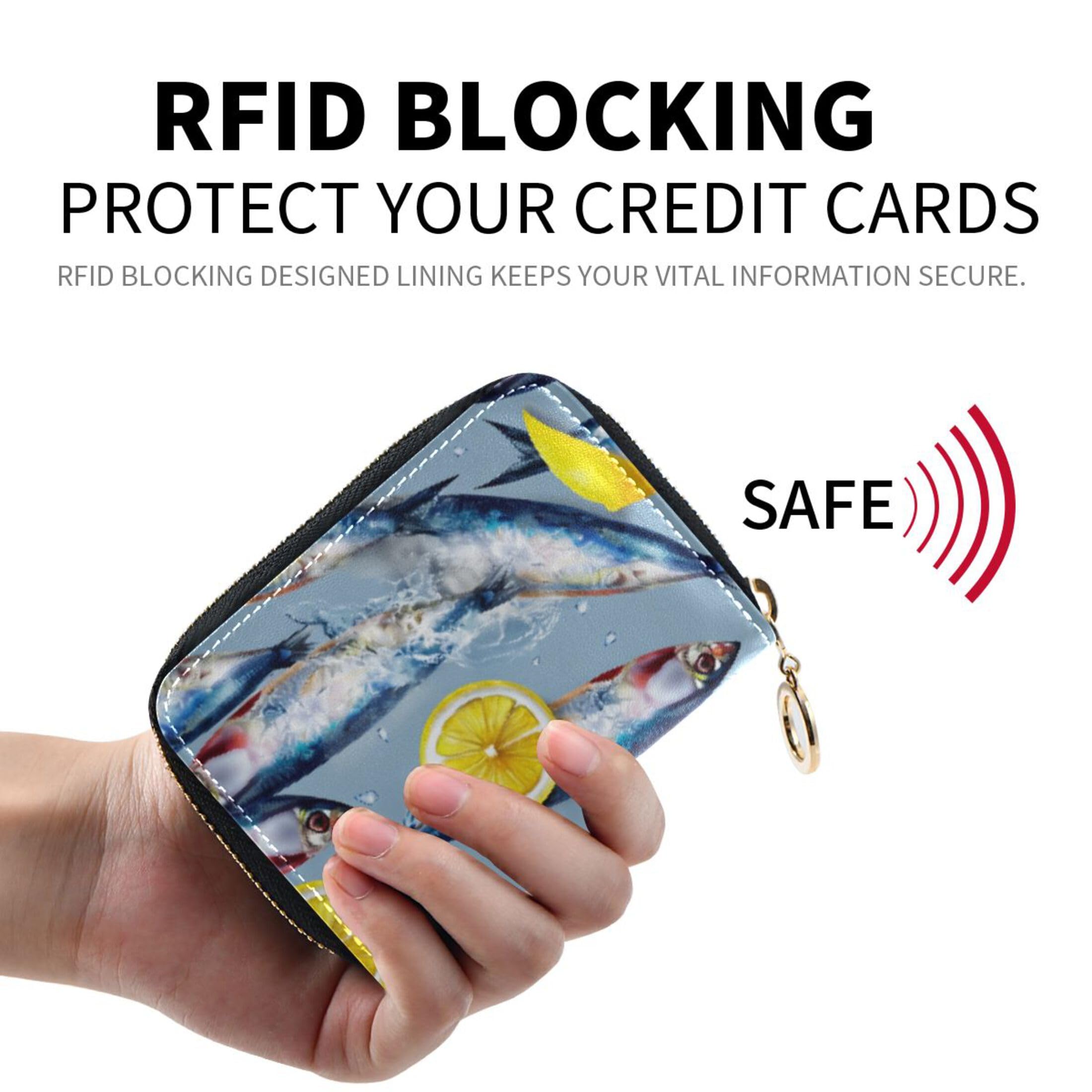 Burbuja Sardines with Lemon Credit Card Holder for Women Men RFID Blocking, Leather Accordion Zipper Card Case Wallet 11 Slots
