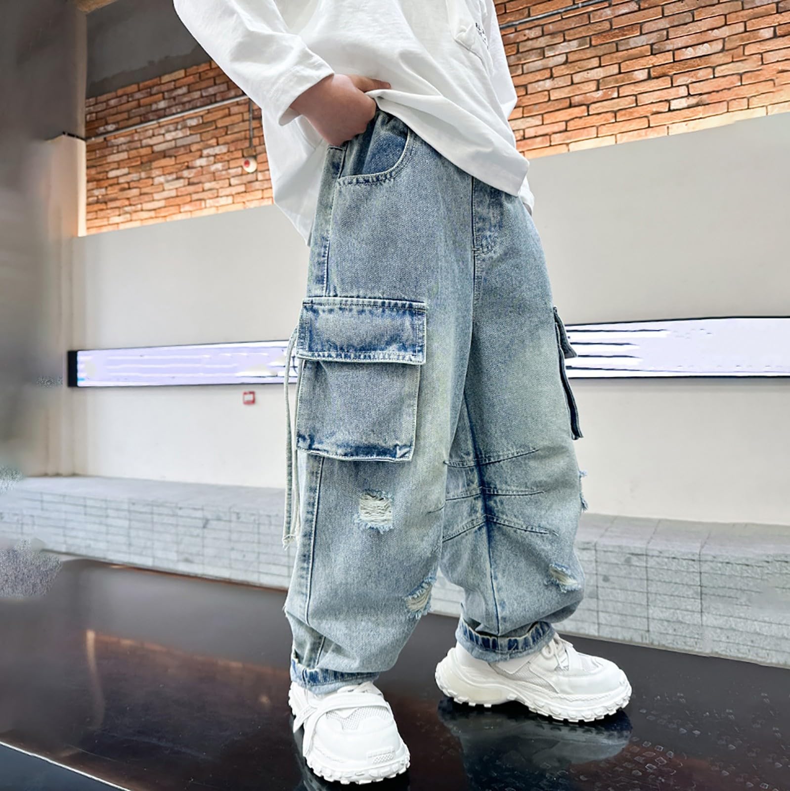Pantaloni Baggy Ragazzo Cargo - Jeans Bambino, vestibilità Larga, con Tasche Resistenti, Pantaloni Tuta Ragazzo Hip Hop Streetwear, per Adolescenti, Resistenti E Comodi