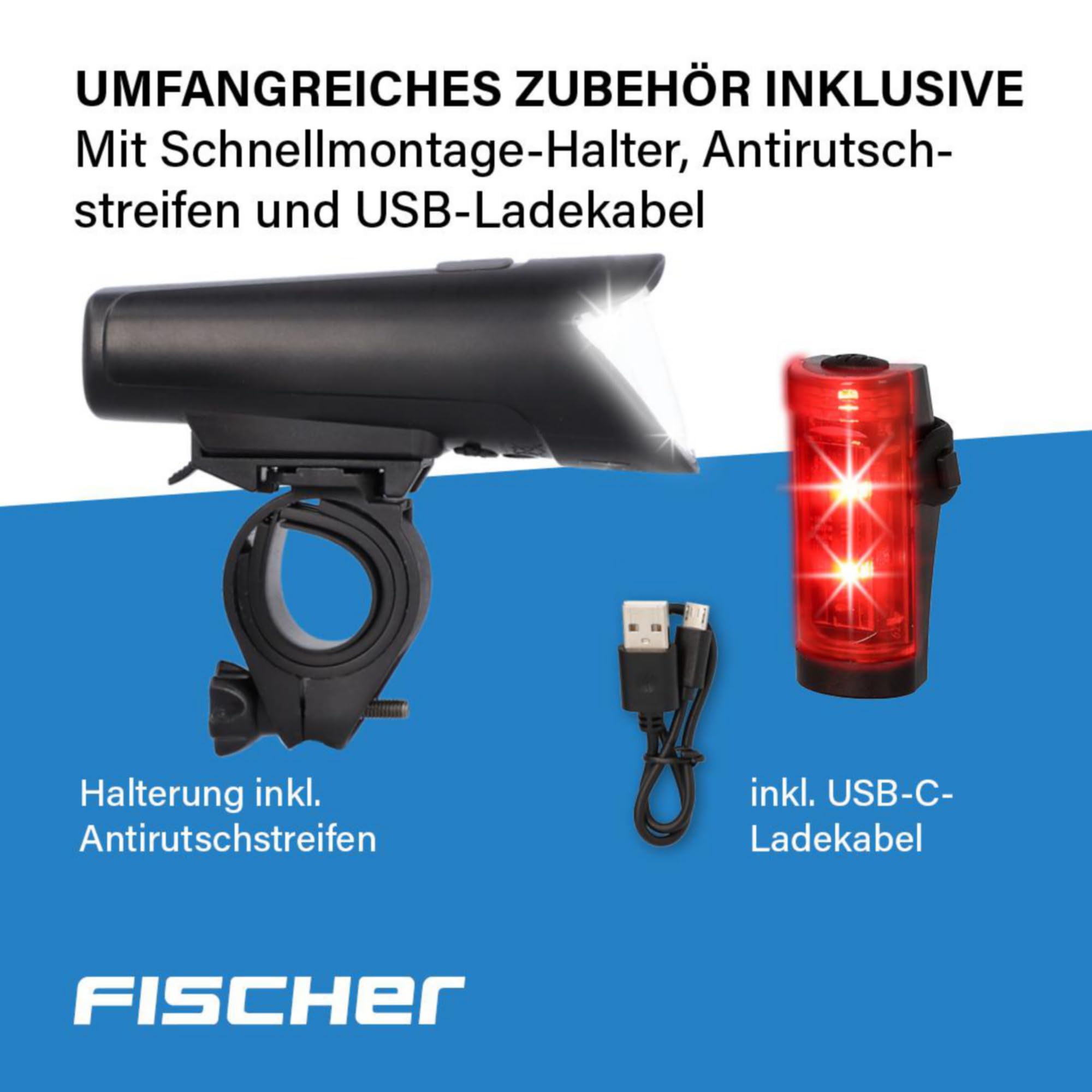 FISCHER Fahrrad LED-Akku Beleuchtungs-Set small-Box, spritzwassergeschützt, wiederaufladbar, einfache Montage, schwarz, 1 Stück Sport & 