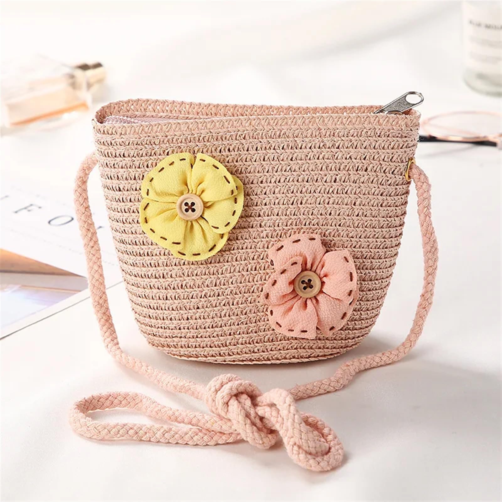 DVMSIEF Straw Bag Cute Children Straw Shoulder Bags Flower Baby Girls Small Bucket Crossbody Bag Boys Kids Mini Coin Purse Beach Handbags(FlowerC pink)