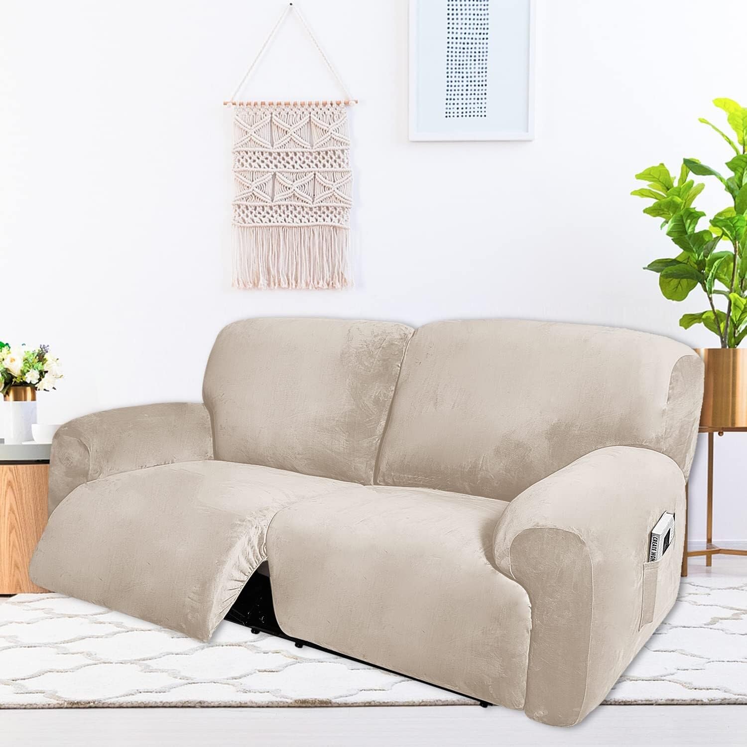 Fodera for poltrona reclinabile extra large in velluto elasticizzato, 6 pezzi Fodera for poltrona reclinabile a 2 posti morbida(Beige)