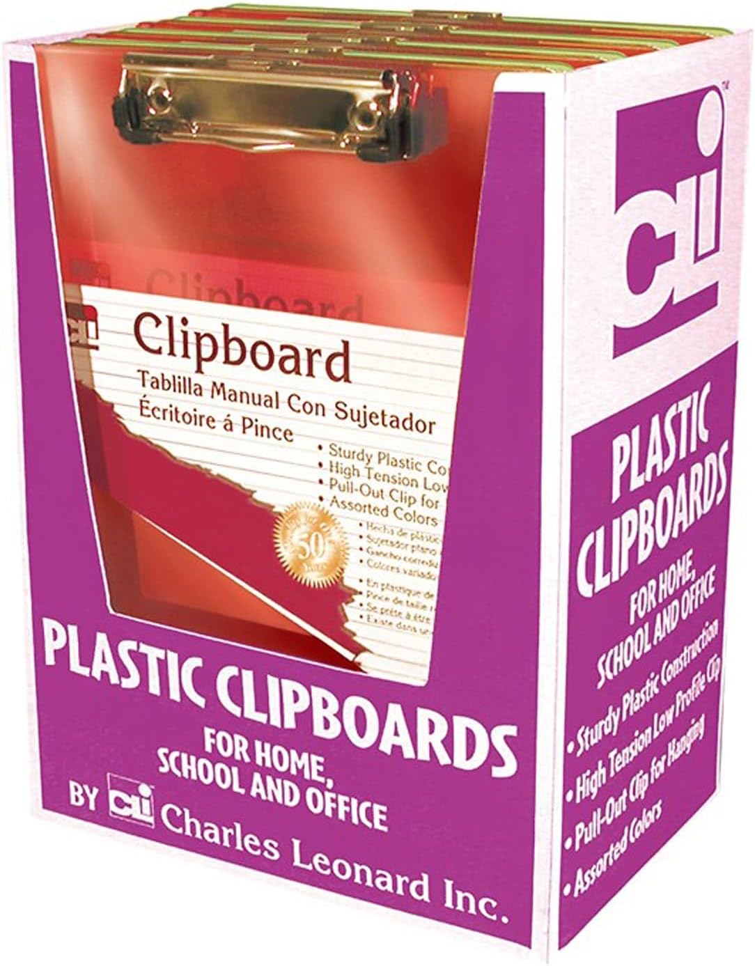 Charles Leonard Transparent Plastic Clipboard with Low Profile Clip and Pull Out Hook, Letter Size, Assorted Neon Colors and Display, 12-Pack (89770-CD)