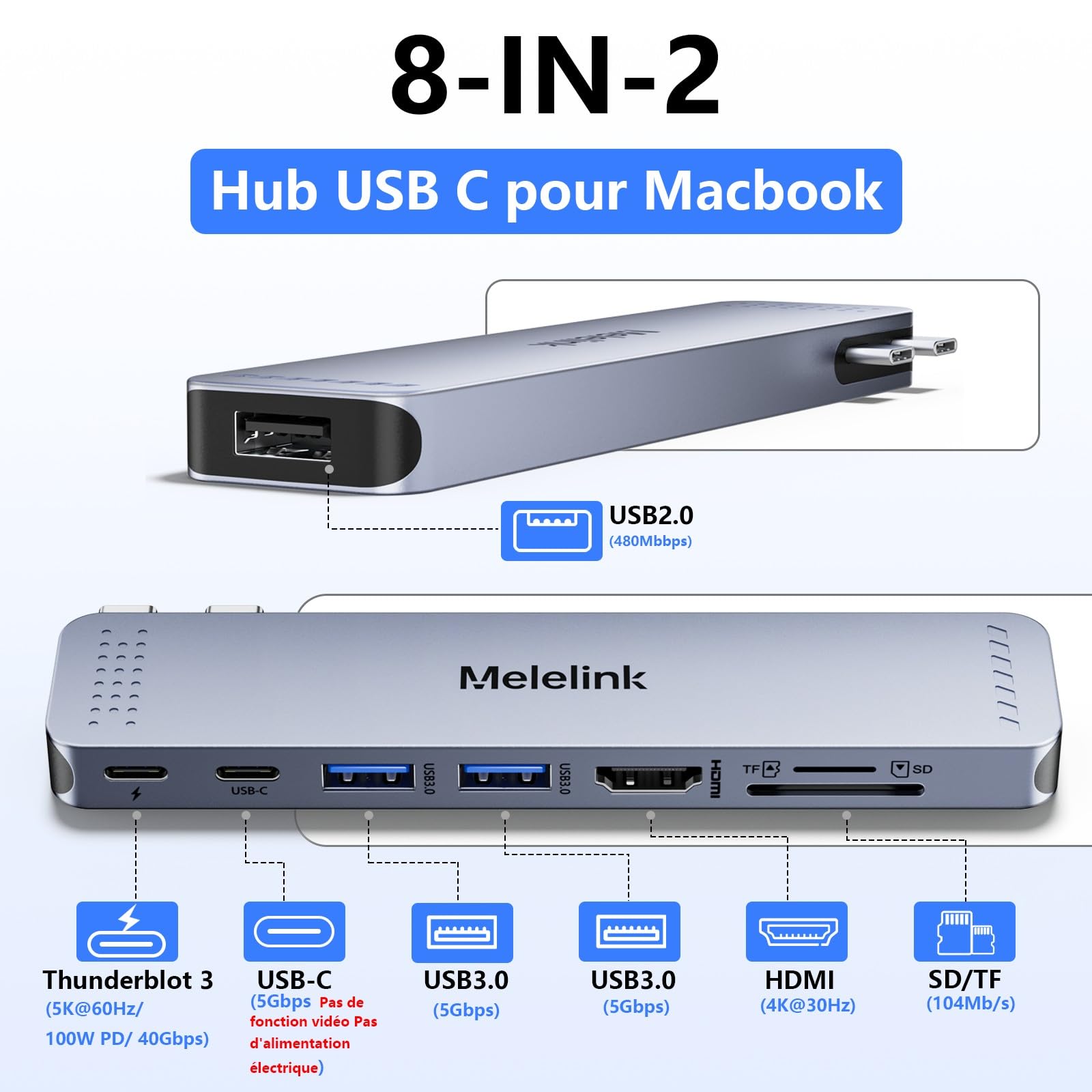 Hub USB C 8 en 2 Adaptateur HDMI 4K pour MacBook Pro/Air Thunderbolt 3 100W 40Gbps