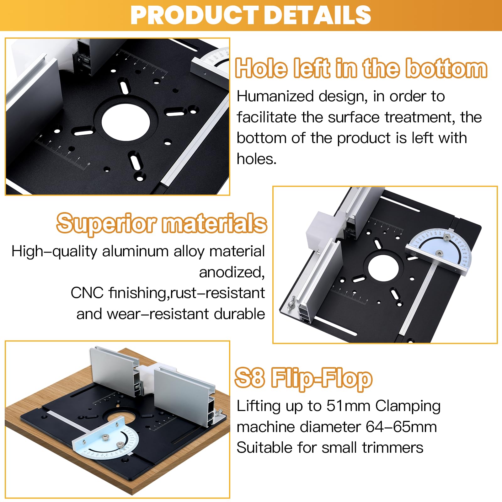 Placa de Inserción de Aluminio para Mesa de Fresadora con Guía Trasera y Regla de Ángulo, Negra