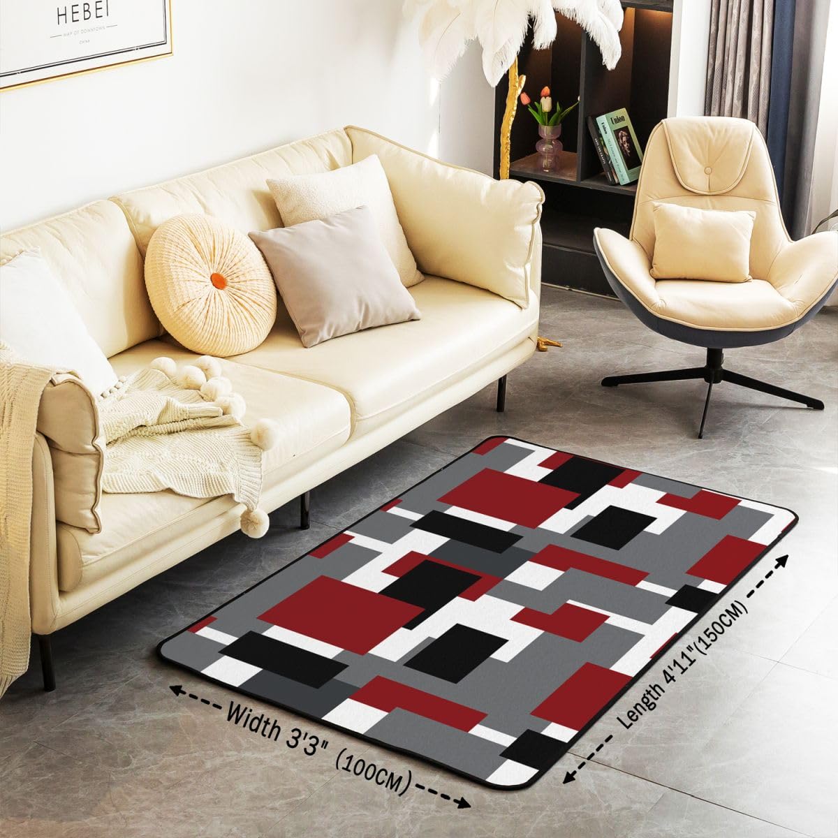 Loussiesd Tapis Salon 100x150cm Gris Rouge Tapis d’intérieur Noir Blanc Géométrique Reversible Antidérapant,Doux,Lavable Simple Art Modernee pour Salon Chambre Salle à Manger, Cuisine