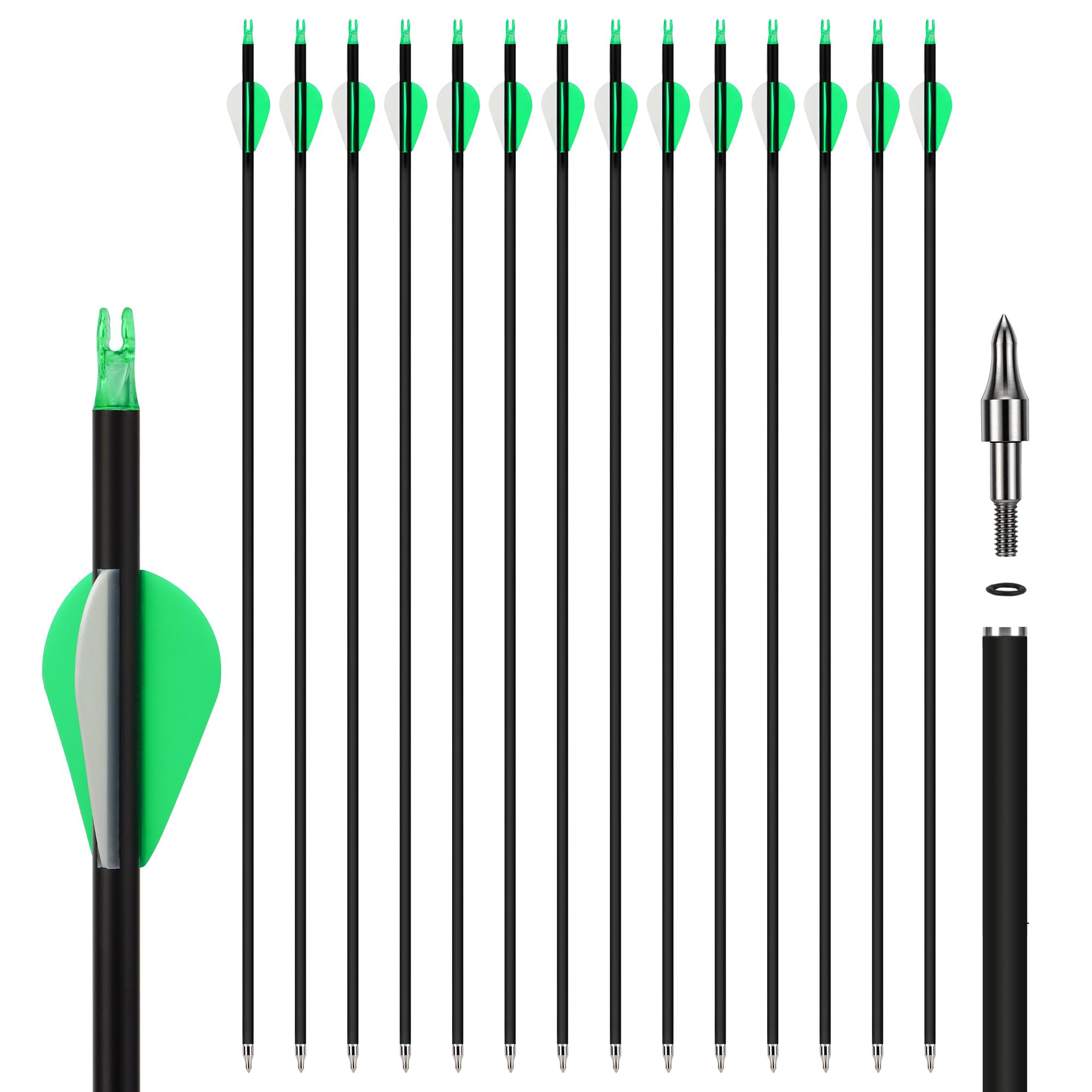 30 Zoll 14-teiliger Carbonpfeile mit abnehmbaren Spitzen, Schaft Spine 500, für Compoundbogen und Recurvebögen (Grün)