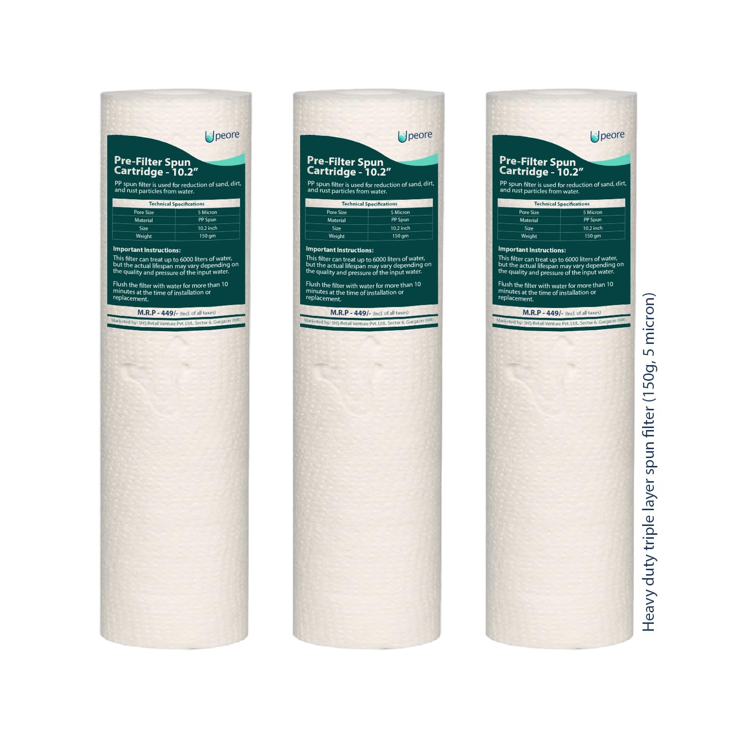 Peore 10.2" PP Spun Filter Cartridge/Candle + Heavy Duty Triple Density Layers + Food Safe + Compatible with Most 10.2 Inch Pre-Filter Housing of Water Purifiers (150 gm, Set of 3)-image-45