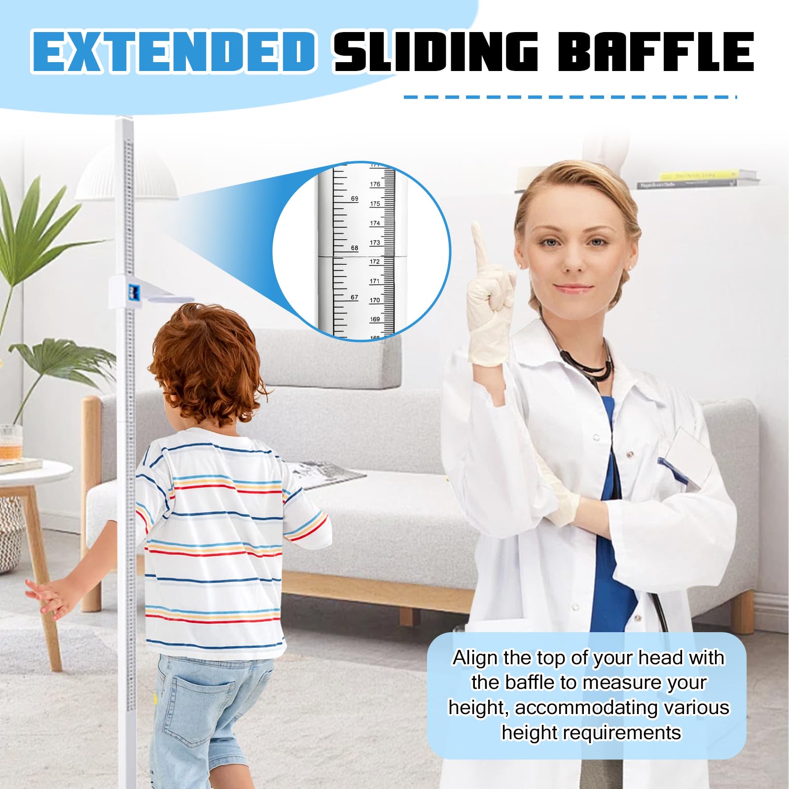 Stadiometro portatile, 20-210 cm, barra di misurazione con deflettore, altimetro per esami medici, visualizzazione a doppia scala per casa, scuola, ufficio