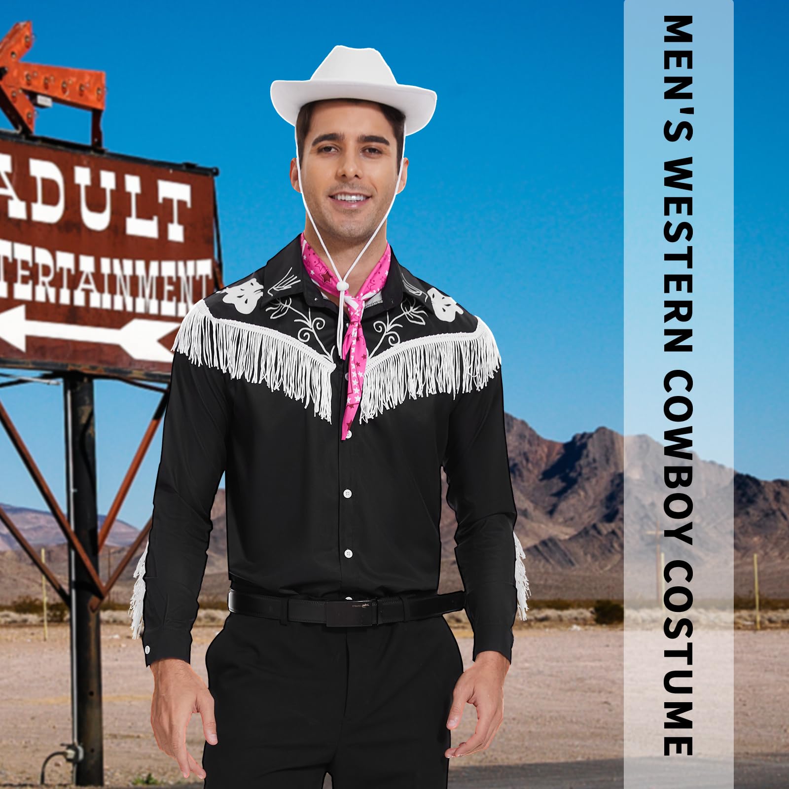 Costume da cowboy da uomo con sciarpa, camicia da cowboy, carnevale, Halloween, costume da cosplay da uomo