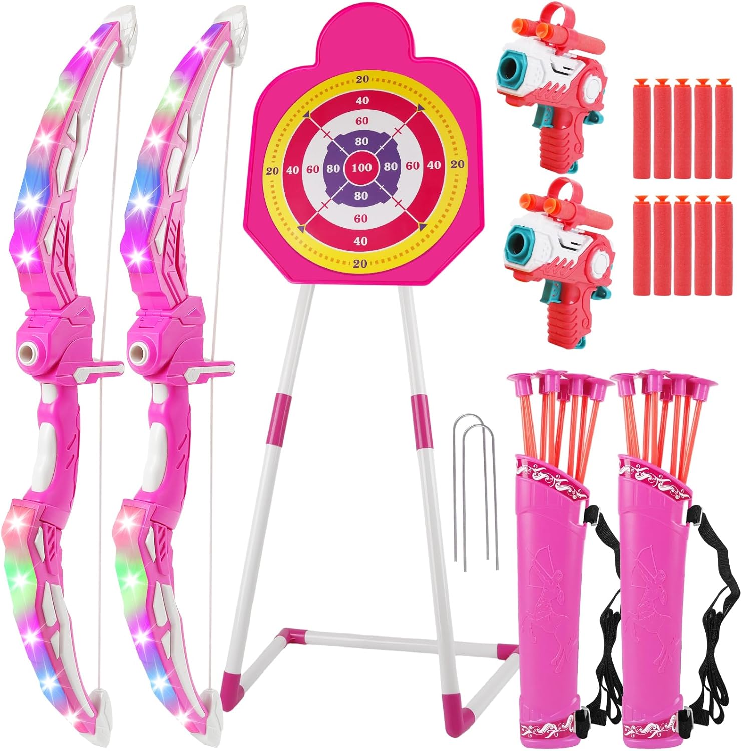 TWFRIC 2 Pack Bow and Arrow for Kids - LED Light Up Archery Set with 16 Arrows, 1 Standing Target & 2 Quivers - Fun Indoor/Outdoor Toy for Boys & Girls Aged 3-12 (Pink)