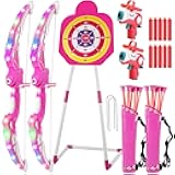 TWFRIC 2 Pack Bow and Arrow for Kids Sports and Outdoor Play Toys Archery Set with LED Light Up 16 Arrows 1 Standing Target 2 Quiver Indoor Outdoors Toy for Age 3-12 Year Old Boy Girl Gift (Pink)