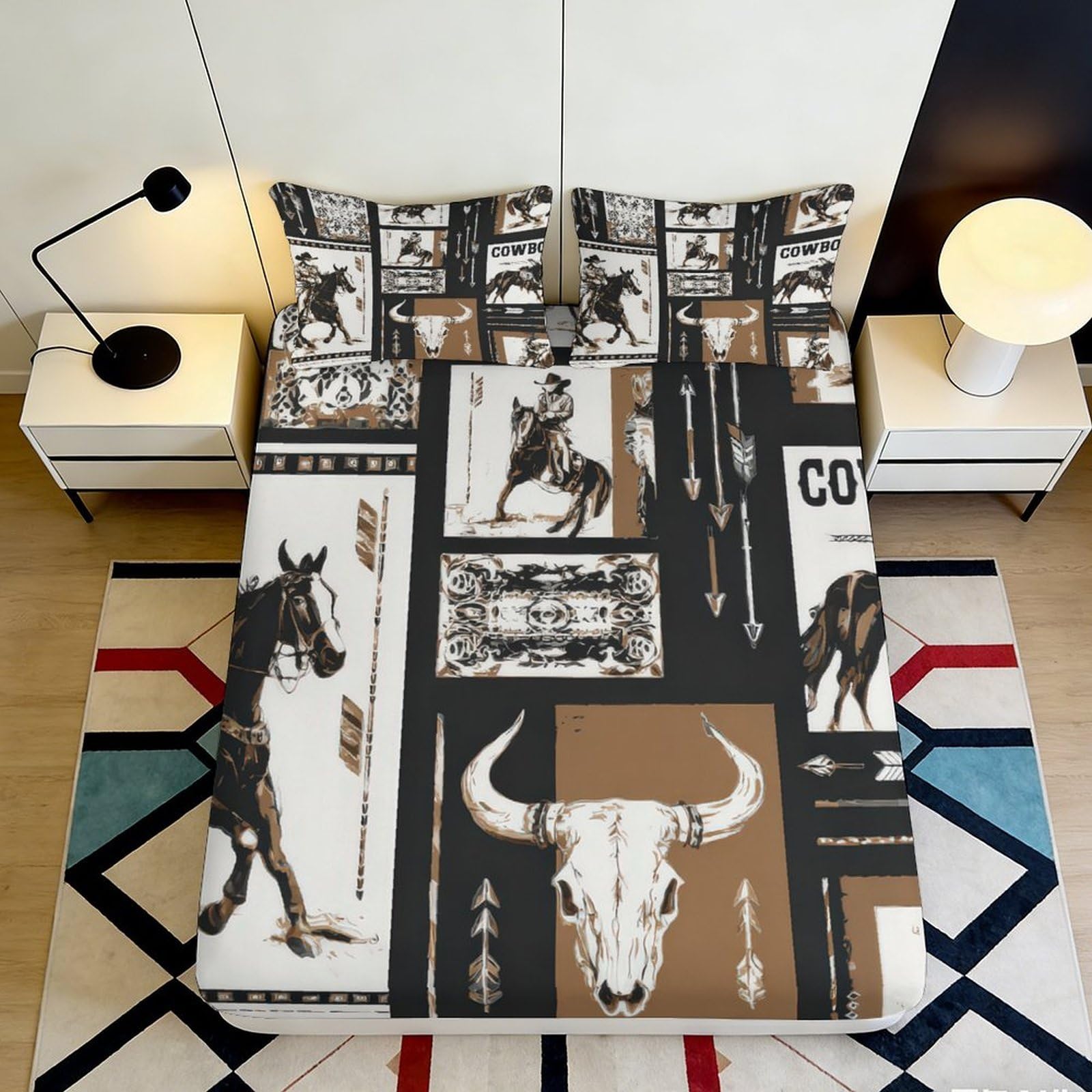 Pnayamiorkfel Style-8 3D Printed Western Cowboy Fitted Sheet Microfiber Soft Brown Skull Arrow Bed Cover For Bedroom Dorm Decor 90X200x25cm