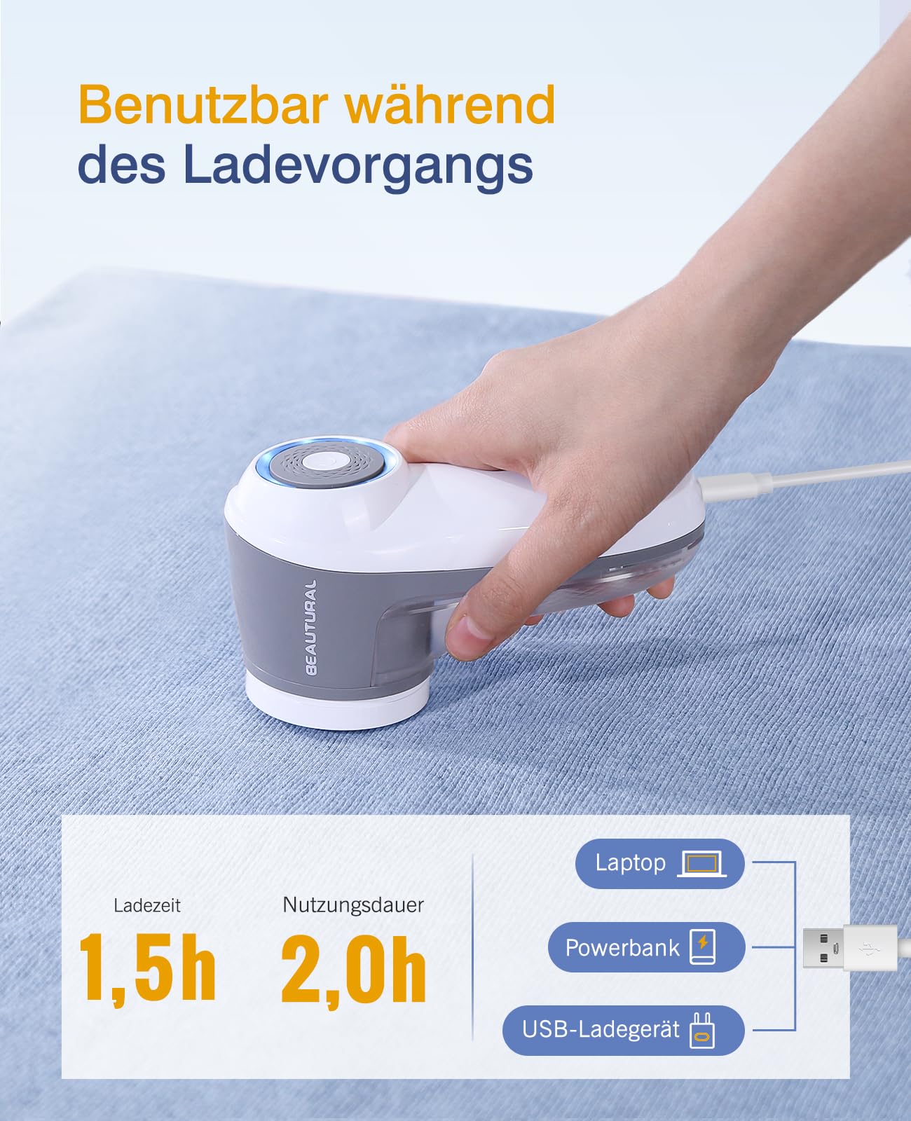 BEAUTURAL BEAUTURAL Lint Shaver, Rechargeable Electric Lint Remover, 6 Blades Wool Shaver with 9000 rpm, Powerful for Clothes, Upholstery, Blankets, Textiles in use