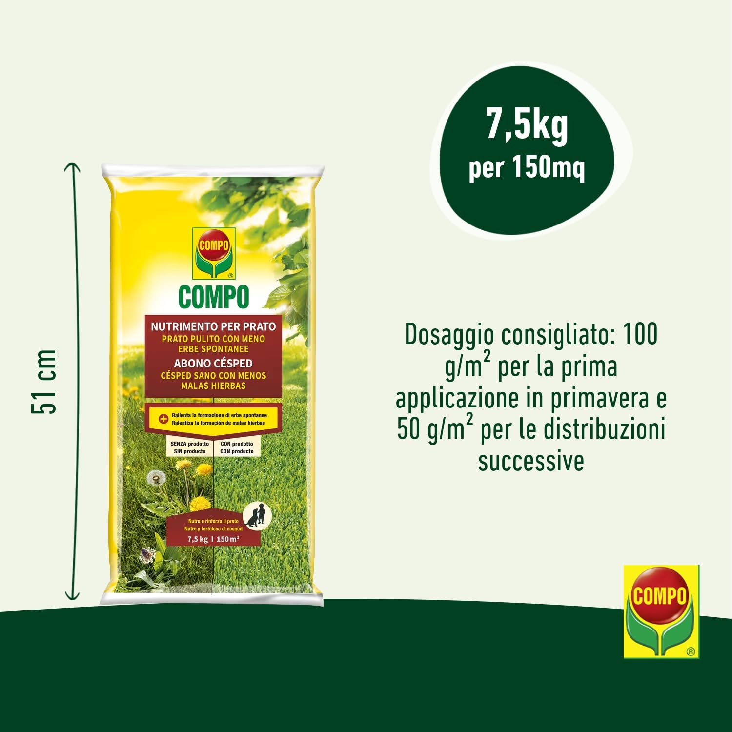 COMPO Abono Césped 2 en 1, Césped sano con menos malas hierbas, 7,5Kg