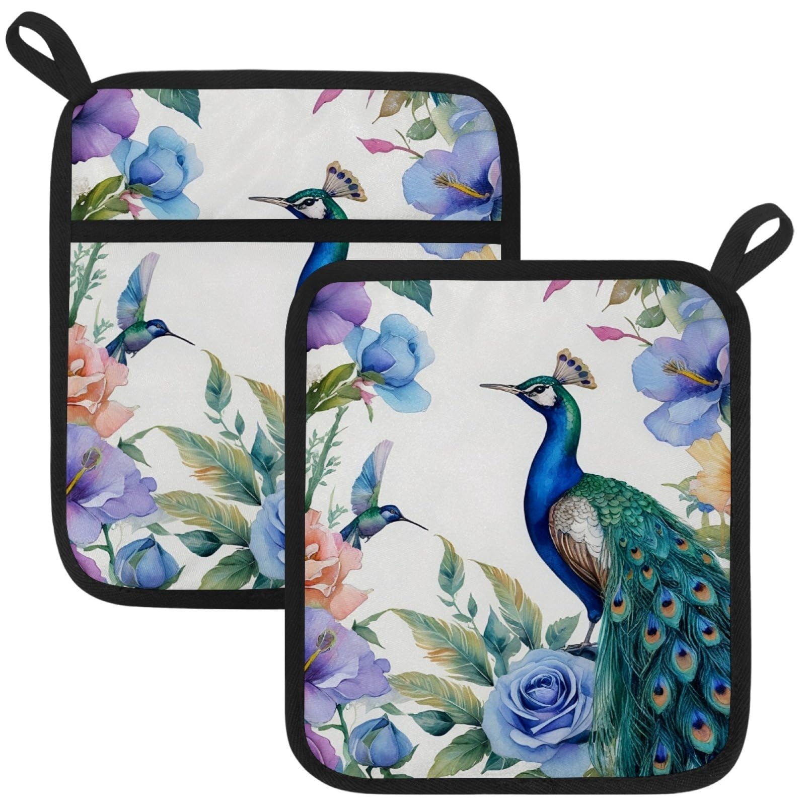 VAPOKF Peacock Flower Pot Holders with Pocket for Kitchen Heat Resistant Potholders Large Polyester-Cotton Square Oven Mitts Set