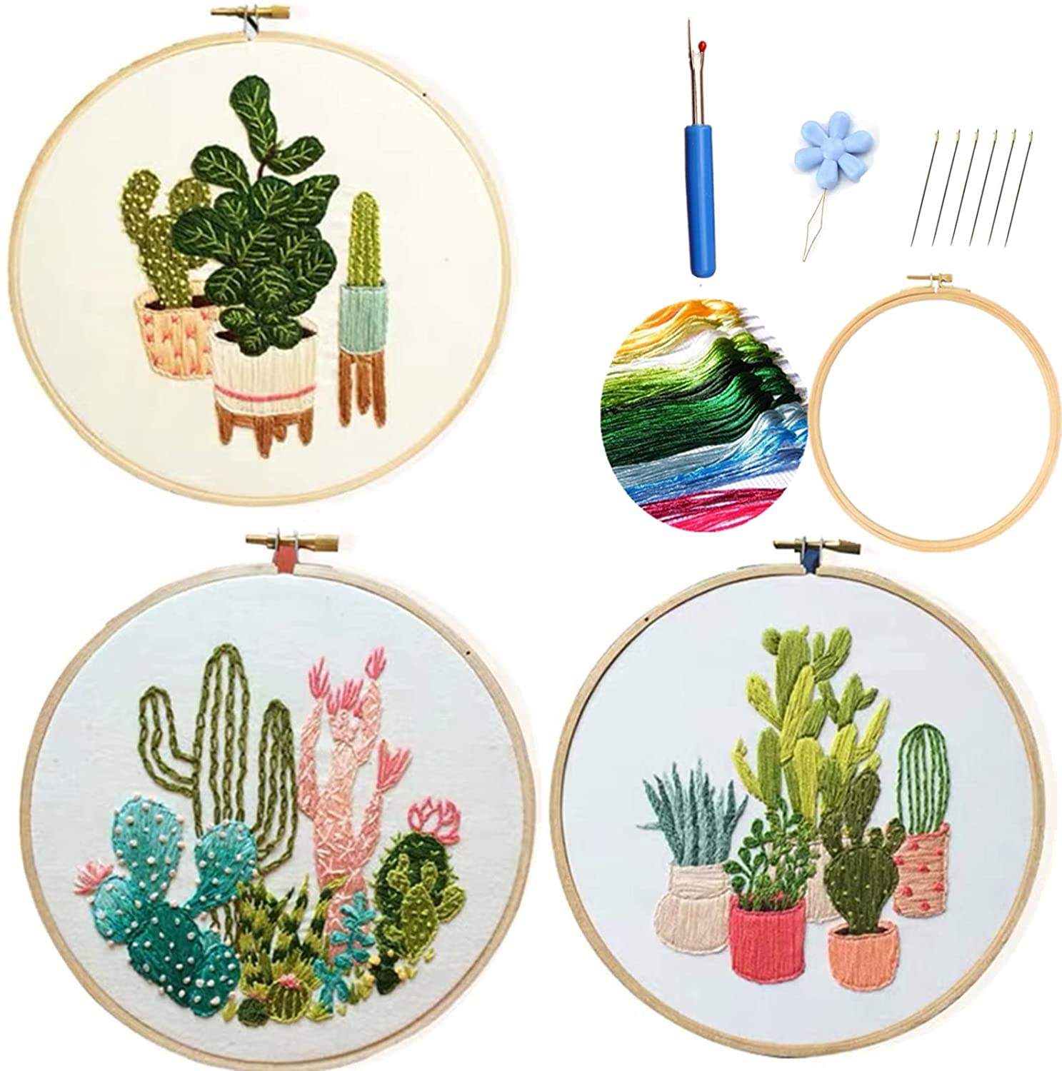 Jaffiust 3PCS Adult Beginner Embroidery Starter Set, Print Pattern, Embroidery Floss + Needle + Hoop, Cactus Collection
