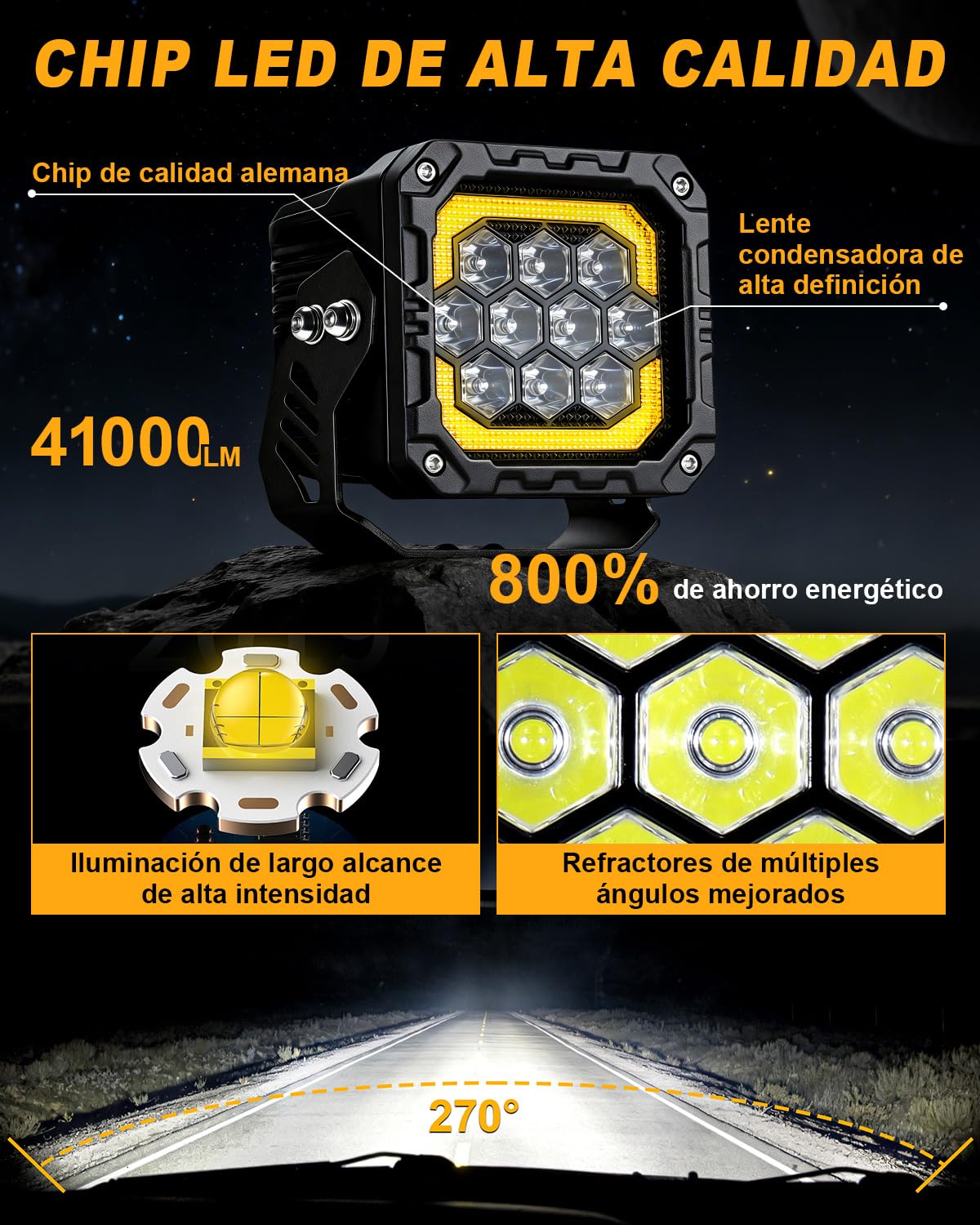 Antom Faro LED 41000LM 9 LEDs Trabajo 9-60V 270°, IP68 Impermeable Homologado ECE, Luz Blanca Ámbar Flash, Soporte Ajustable para Jeep, 4x4, Camión, Moto, ATV, Off-Road