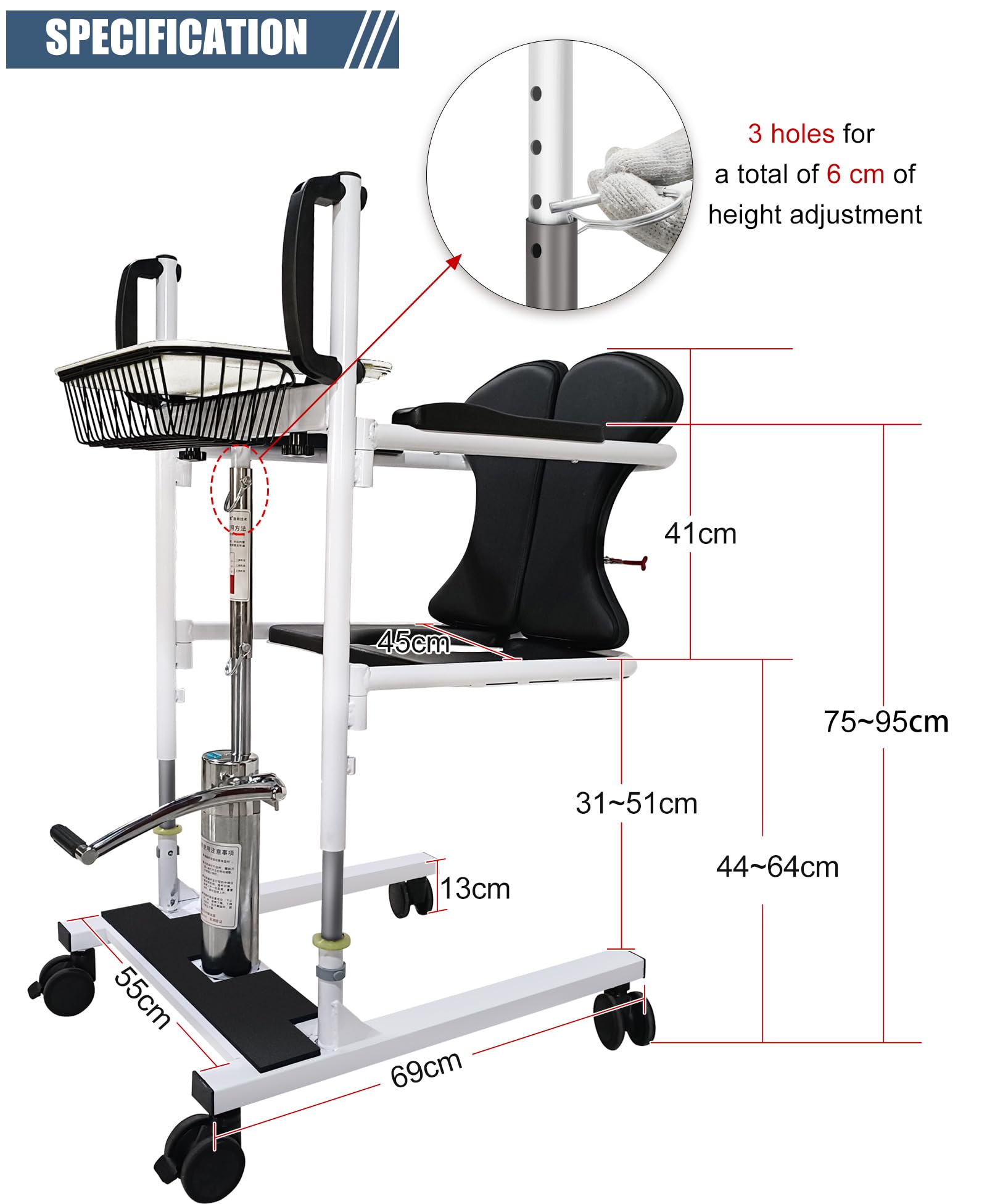 Grúa Hidráulica para Pacientes, Silla Elevadora de Traslado 5 en 1 para el Hogar, Altura Ajustable con Asiento Abatible a 180°, Silla Elevadora de Traslado para Personas Mayores