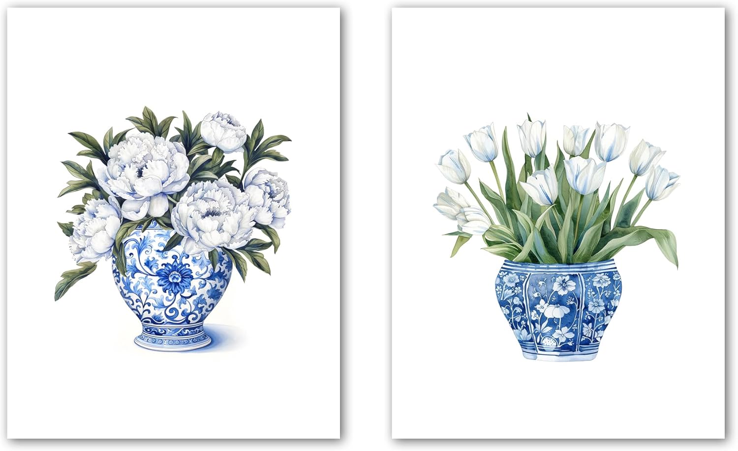 Gnosis Picture Archive Ginger Jar Blue Chinoiserie White Peony Tulip Floral Wall Decor Set of 2 Unframed Art Prints, Blue, White, Green