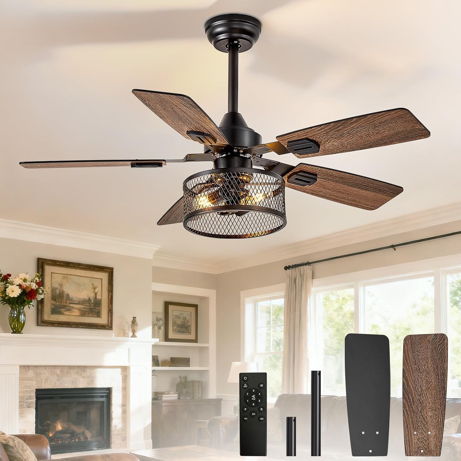Depuley 42-Inch Ceiling Fans with Lights: Caged Ceiling Fans Dual Finish 5 Blades - Rustic Ceiling Fan with Remote Control for Industrial Living Room Outdoor Patio (E27 Bulb Included)