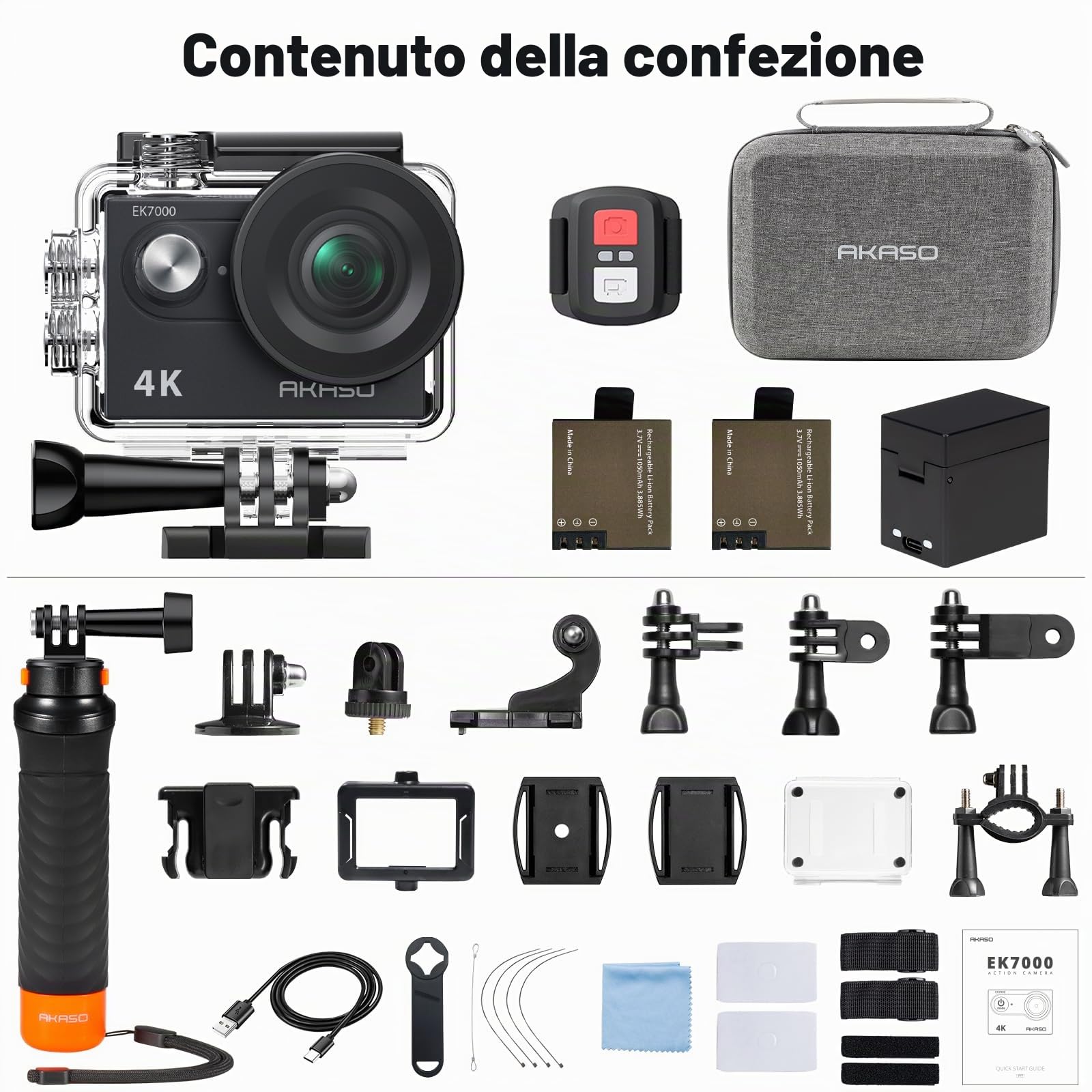 AKASO EK7000 Action Cam con Impugnatura e Custodia Protettiva, 4K30FPS Fotocamera Subacquea 20MP WiFi stabilizzazione EIS 170° Grandangolo Ultra HD con Zoom 4X e Batterie 2x1050mAh