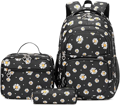 Sugaroom 3Pcs Daisy Printed Backpack with Lunch Box Kids Backpack for Girls Elementary Primary School Bag Bookbags for Teen Girls