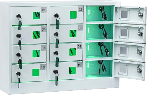 Secure 12-Slot Metal Cell Phone Storage Locker with Charging Station and Key Loc