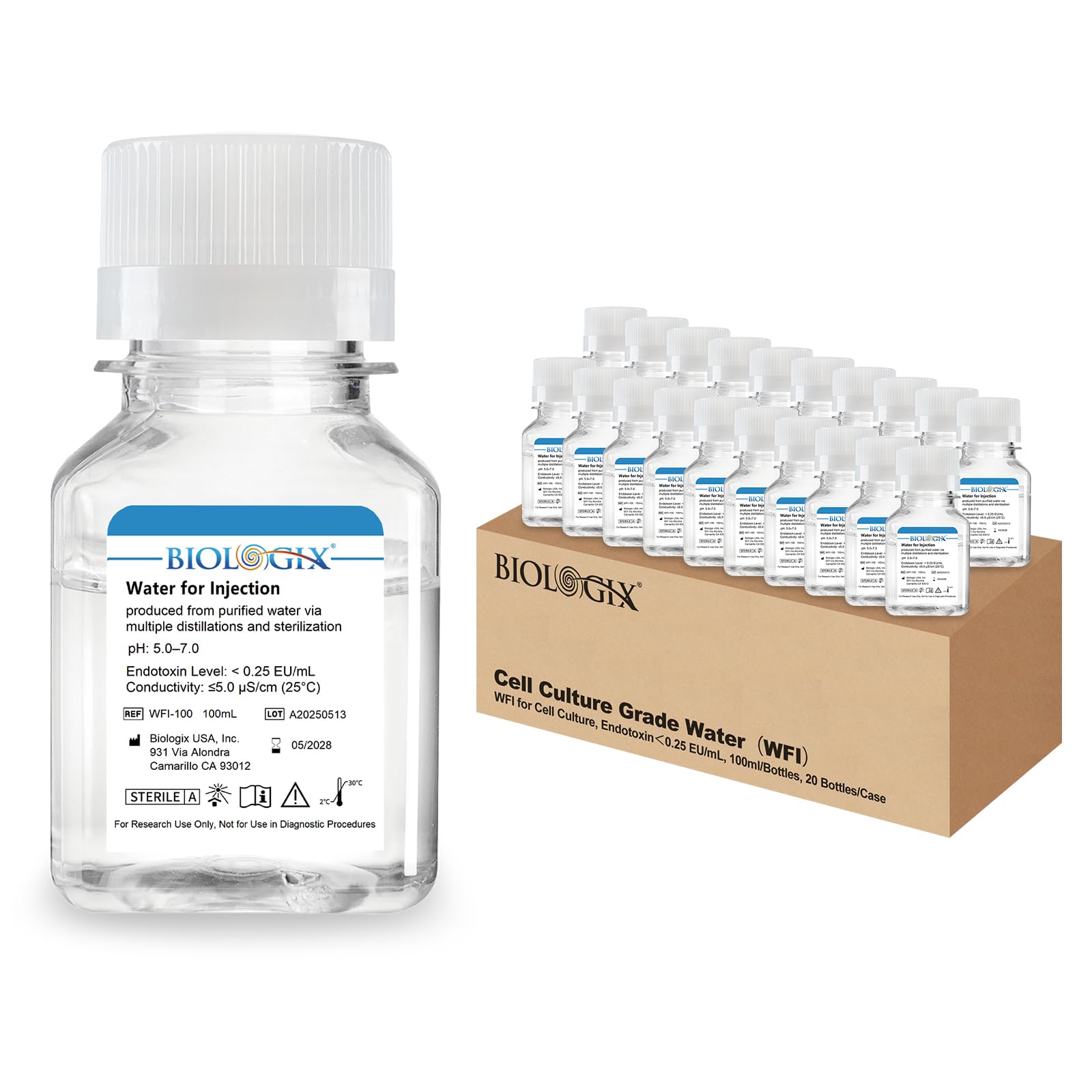 10 piezas 500 ml de agua de laboratorio WFI, agua de cultivo celular para laboratorio, agua destilada para fines bioquímicos, esterilización, pH 5.0-7.0, conductividad ≤ 5.0 μS/Cm (25 ℃) (20 unidades
