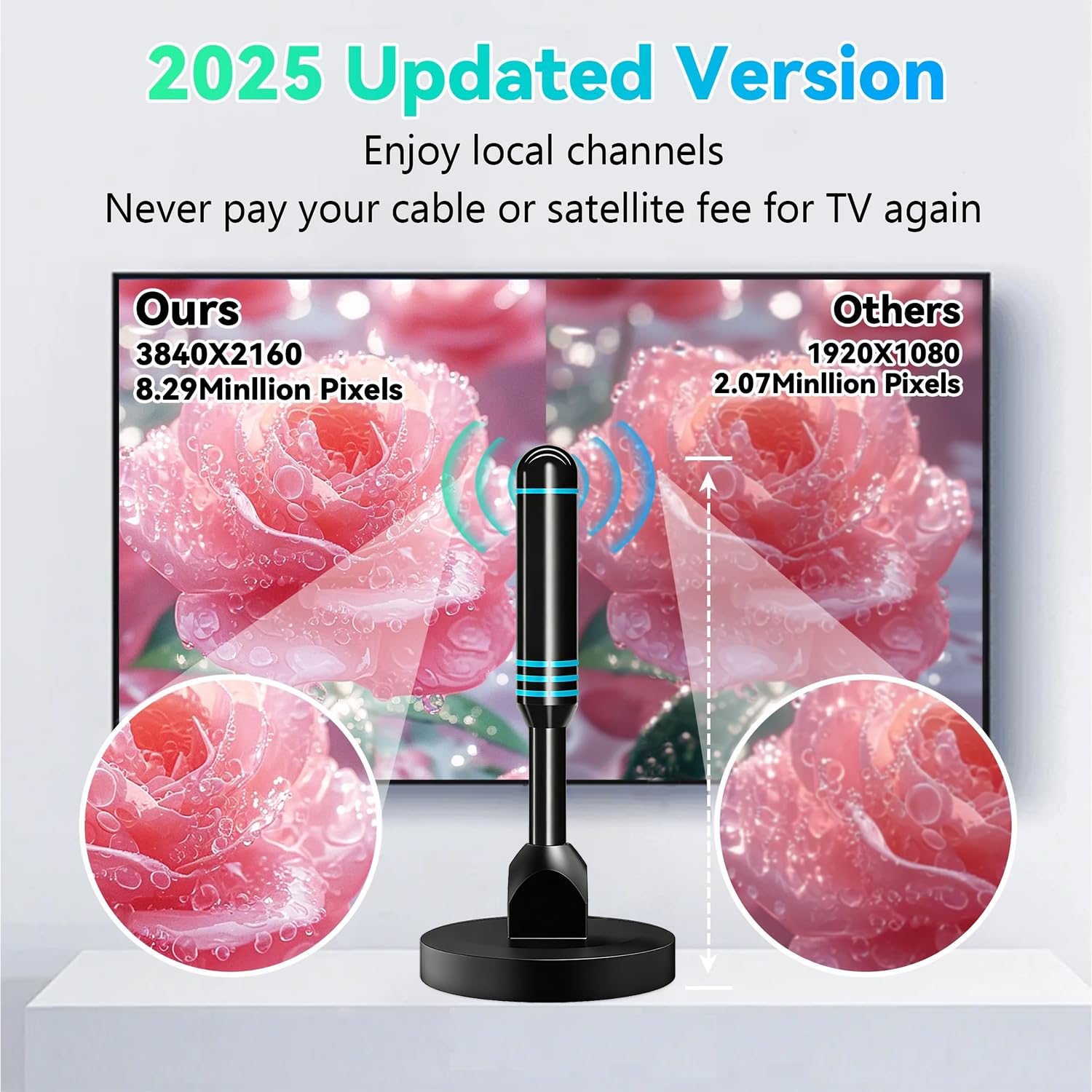 Antenna TV per interni, antenna digitale HDTV a lungo raggio da 280 miglia con base magnetica, ricezione 4K 1080p, nero, cavo coassiale da 5 m per Smart TV