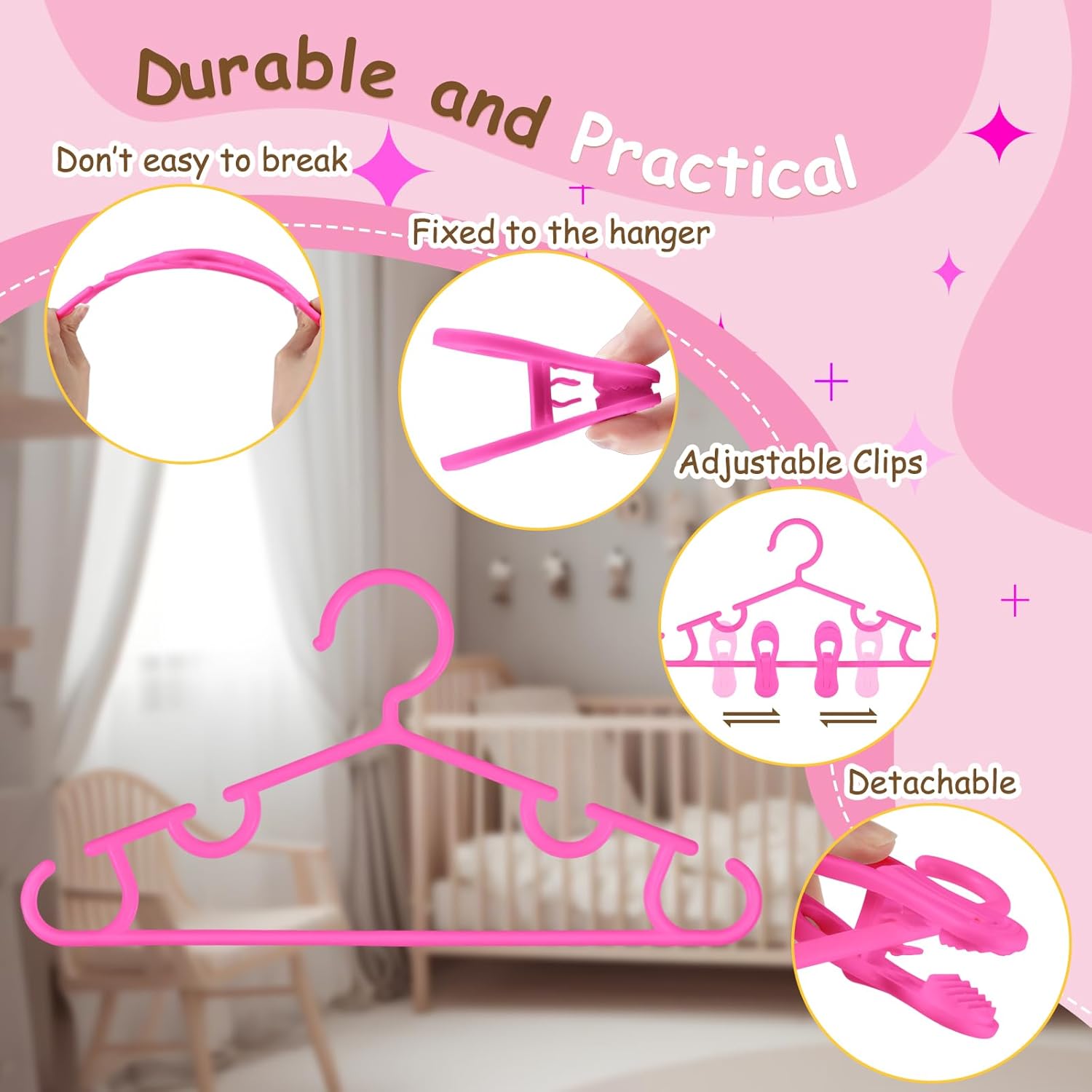 Hsei 5/10/40 Pack Baby Hangers with 10/20/80 Clips, Plastic Kids Pants Hangers for Nursery Closet Top and Bottom Clothes Hanger Set for Newborn Infant Toddler(120 Packs Total,Pink,10.6 Inch) - Image 3