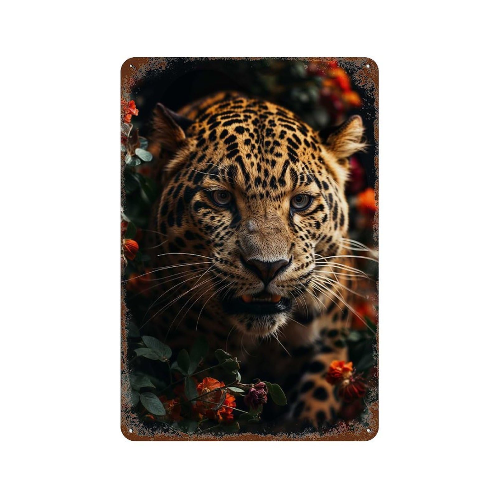 Leopard Close-Up Amidst Flowers Retro Metal Sign 11.8"x7.9", Shabby Chic Decor for Bistro, Counter And Cafe Decor