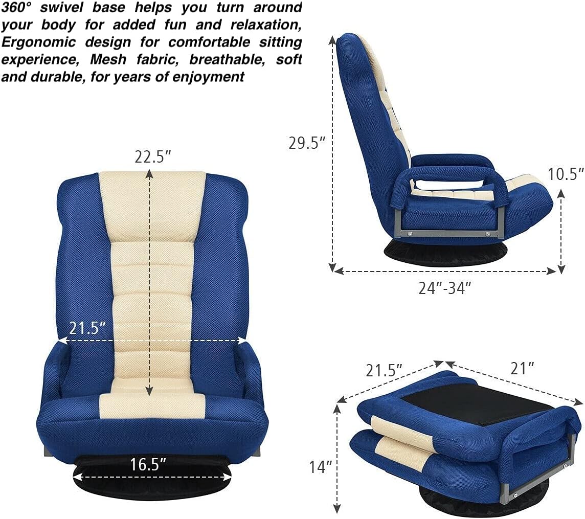 Blue Video Gaming Chair Floor Chaise Lounge Folding Chair 6 Adjustable Backrest Position 360 Degree Swivel Base Iron Frame Suitable For Playing Games Watching TV Reading Books Entertaining Guests