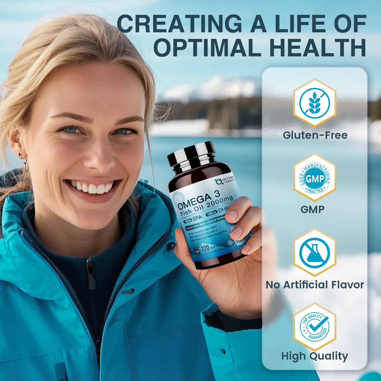 NATURE TARGET Omega 3 Fish Oil 2000mg Softgels with Vitamin D3 & E & A - EPA & DHA- Max-Absorption, Supports Heart, Brain & Immune Health, Non-GMO, 120 Softgels