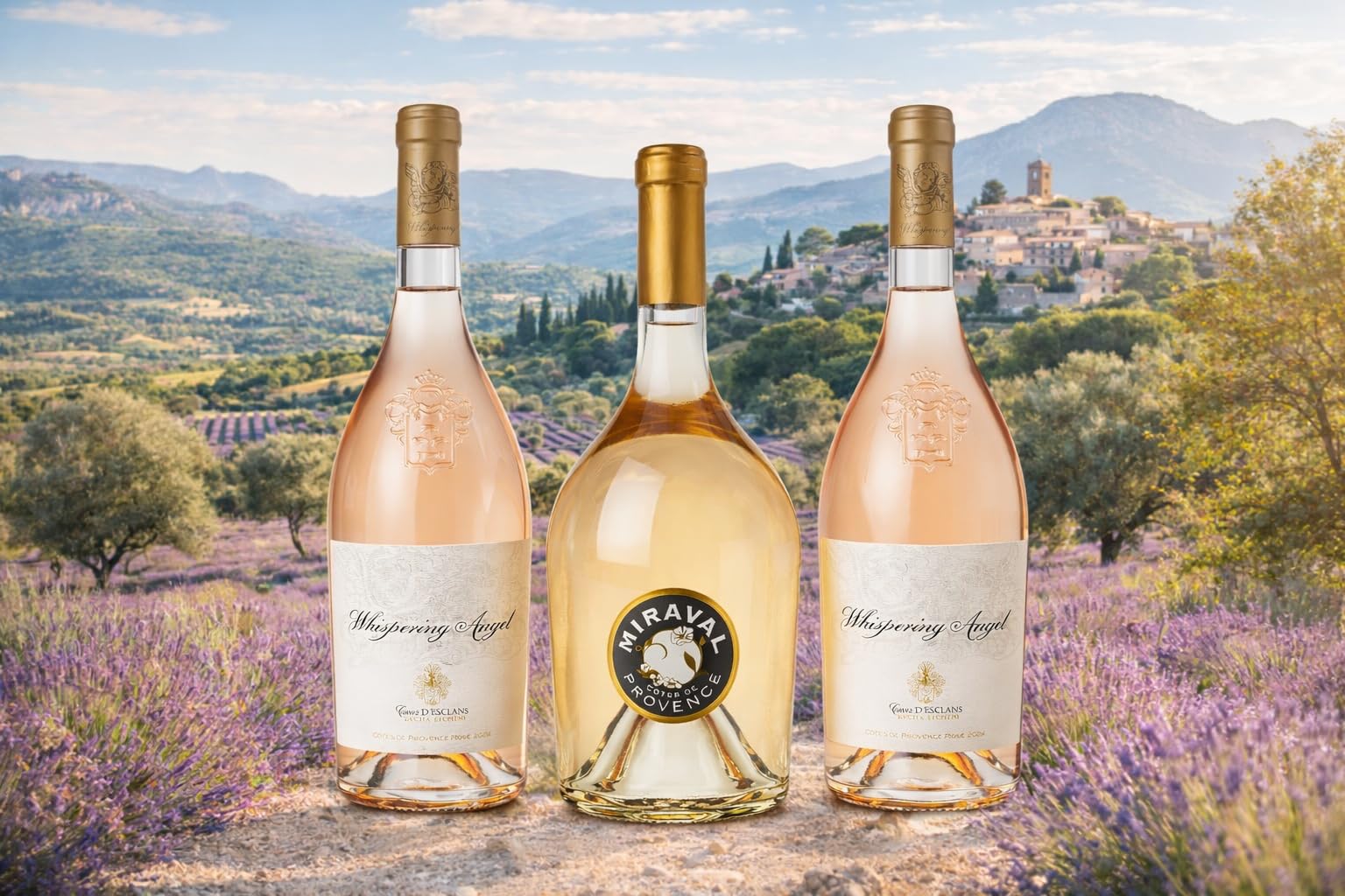 Pack 3 Botellas Rosado Premium Côtes de Provence – 2 Whispering Angel + 1 Miraval – Vino Rosé Francés AOC – Edición Especial