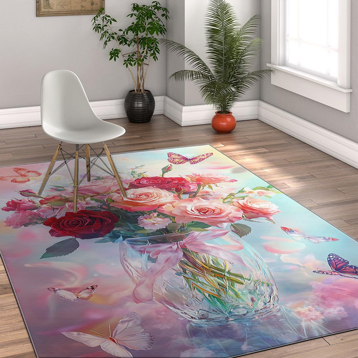 Tapis chambre fille romantique 80x150cm à bouquets roses pour nouveau mariage