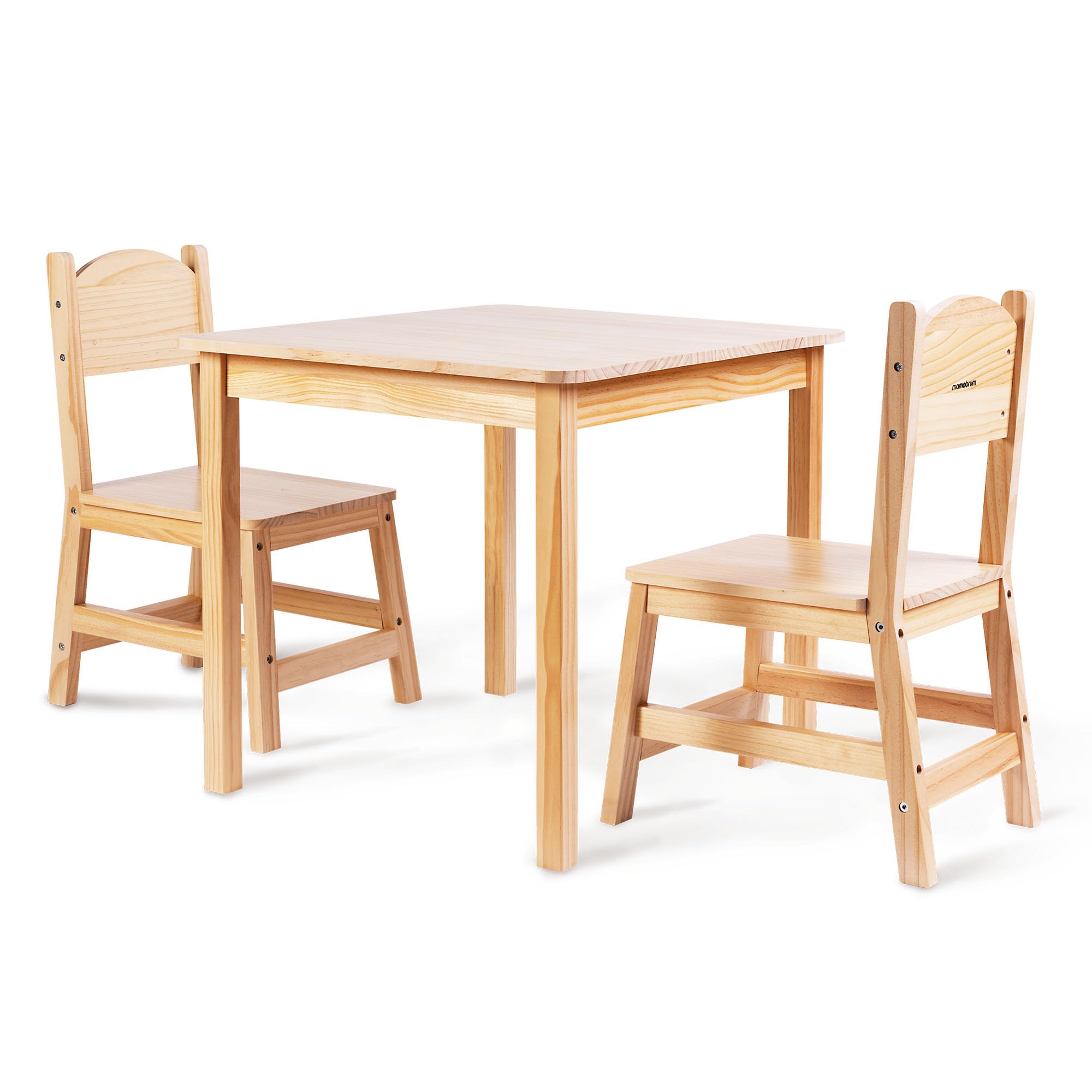 Mamabrum Drewniany Stolik i 2 Krzesełka dla Dzieci – Zestaw z Naturalnego Drewna Sosnowego do Zabawy Nauki i Posiłków – Ergonomiczny i Bezpieczny – 3+