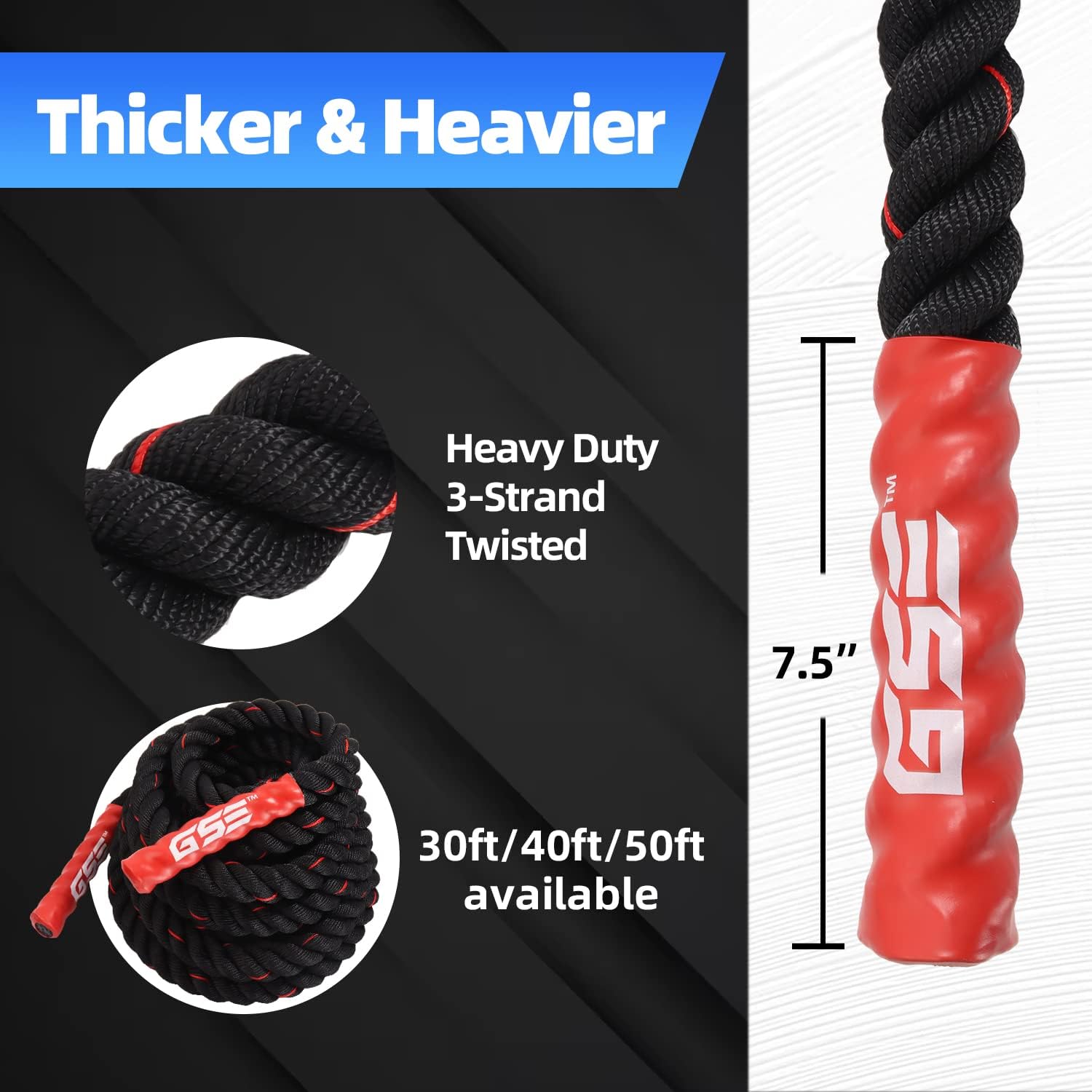 GSE 30ft/40ft/50ft Battle Rope with Protective Sleeve & Anchor Kit. Heavy Battle Rope for Home Gym & Outdoor Strength Training, Workout Exercise Rope