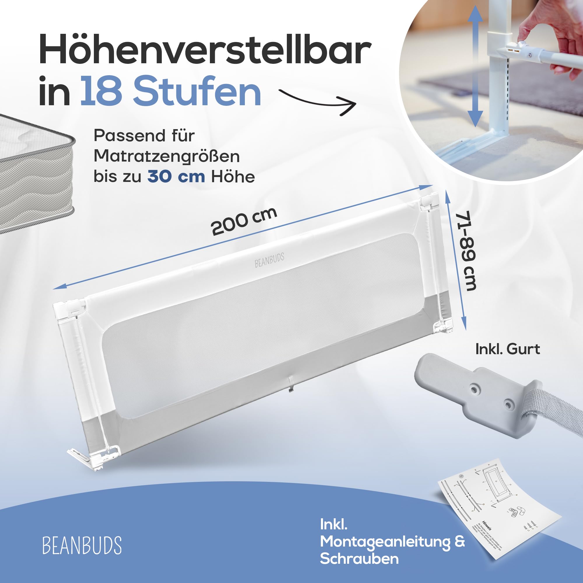 BEANBUDS® Bettgitter Rausfallschutz 200cm [1 Seite], Grau | Bettschutzgitter Lattenrost & Boxspringbett, Baby Gitterschutz Elternbett & Kinderbett, inkl. extra Gurt, Bett Fallschutz