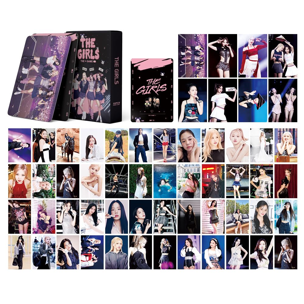 KWIBYBGS 55Pcs Black&Pink Photo Cards Kpop Bp Cards,Black-Pink Greeting Cards Jisoo,Jennie,Rosé,Lisa Cards with Postcards Box for Fans