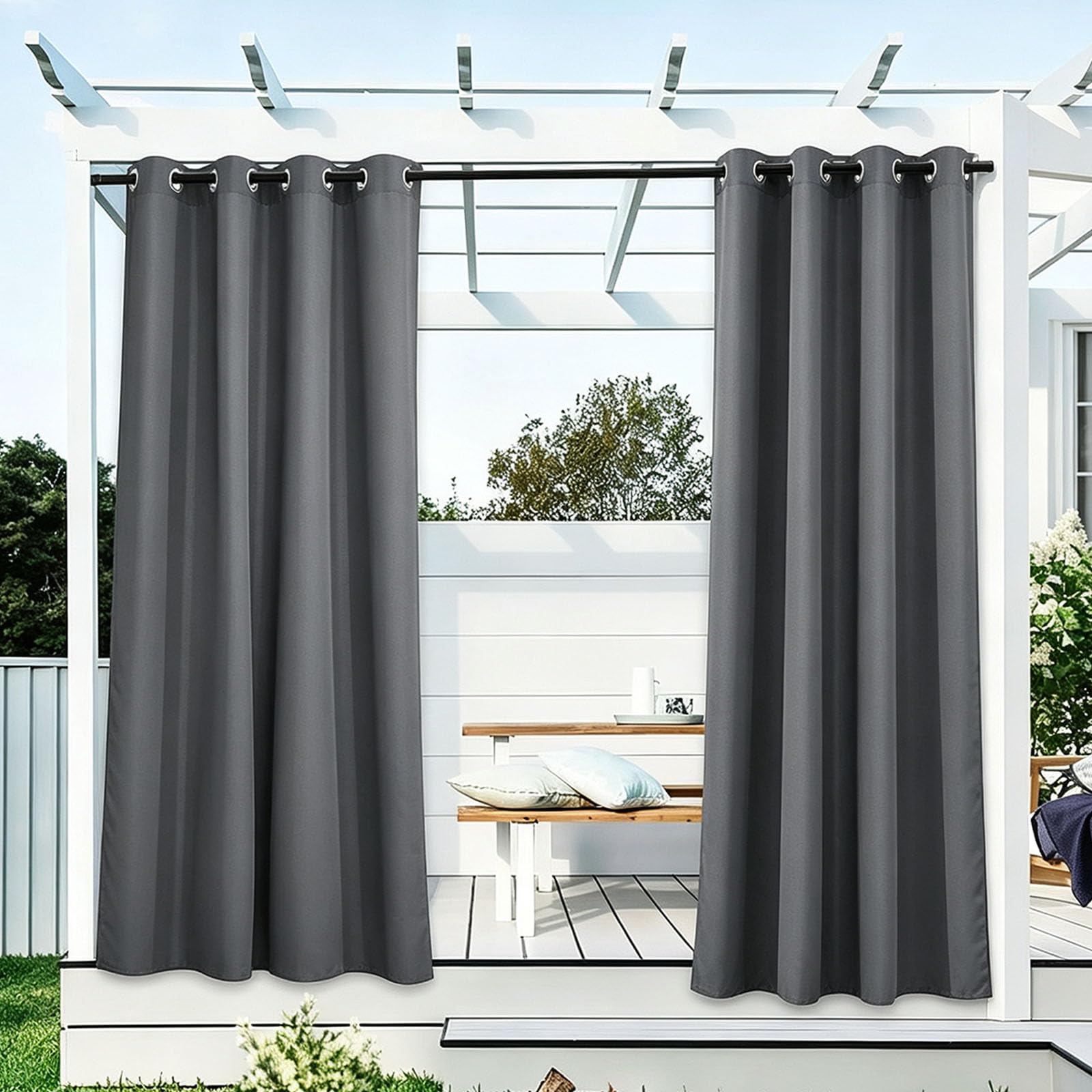 Outdoor Vorhang Wetterfest 135 x 250 cm Blickdichte Sonnenschutzgardine Wetterfest Sonnenschutz Sichtschutz Wasserdicht Outdoor Vorhänge Terrassen für Garten Balkon, Dunkelgrau