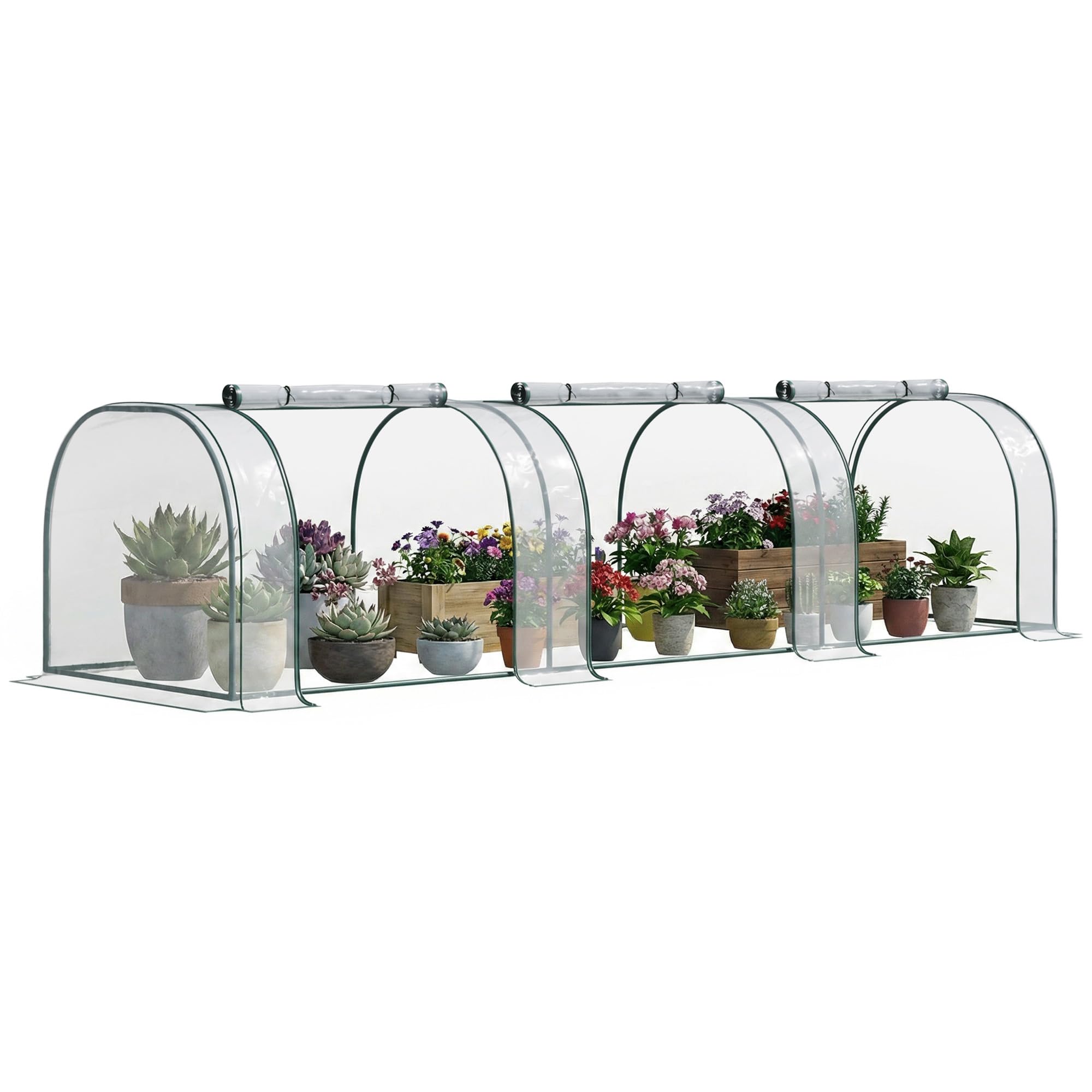 Outsunny Mini Greenhouse, Small Polytunnel Green House with Zipped Doors, Steel Frame for Garden Patio, 300 x 100 x 80cm, Clear