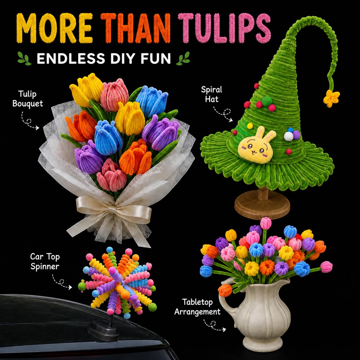 Pipe Cleaners Flowers Kit, DIY Tulip Bouquet Craft Kit with 350 Chenille Stems, 6 Colors Pipe Cleaners for Crafts, Flower Stems, Green Tape & Instructions, Mother’s Day Handmade Gift