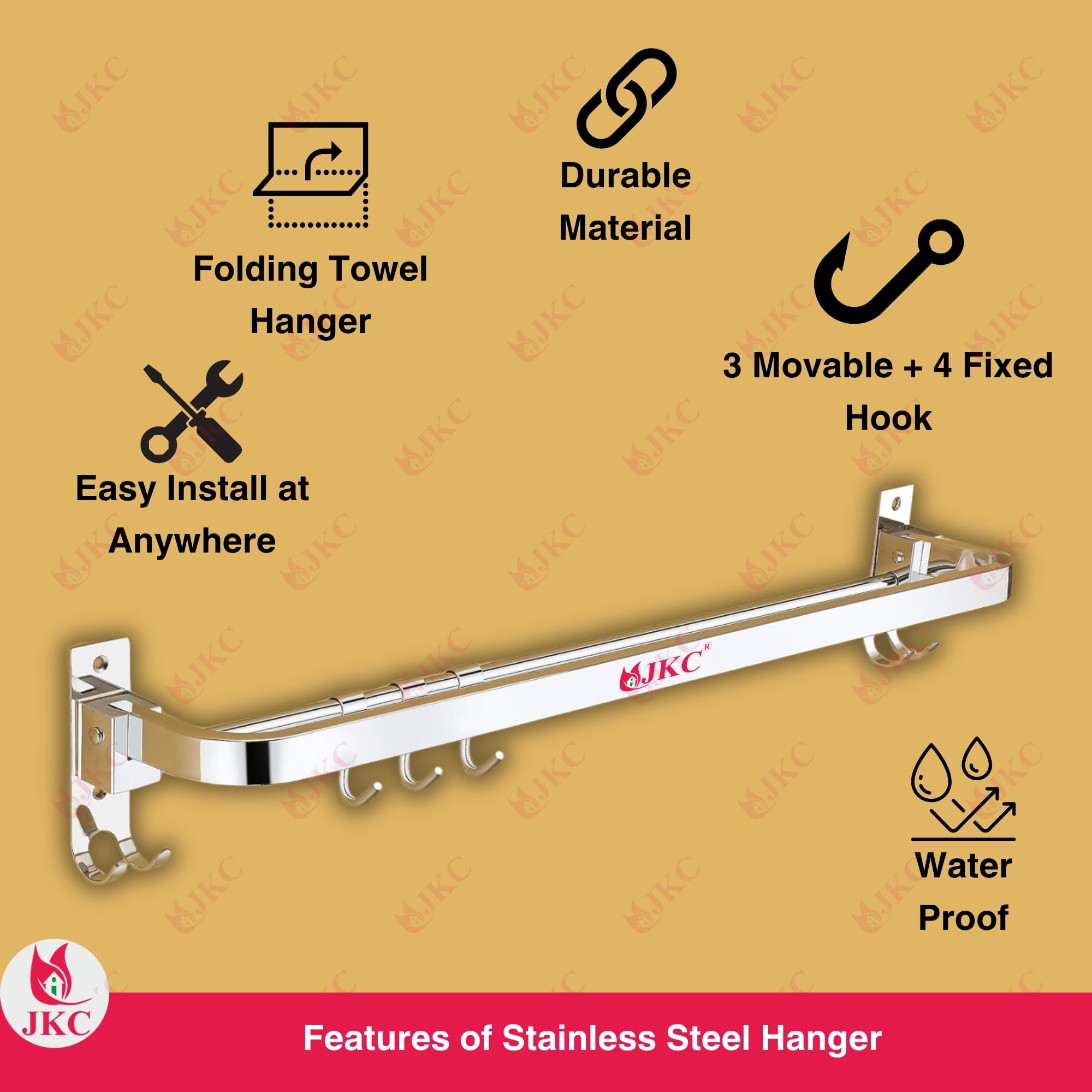JKC SS Glossy 24 inch Folding Towel Hanger, Bathroom Hangers for Clothes, Bathroom Towel Hanger for Wall 2