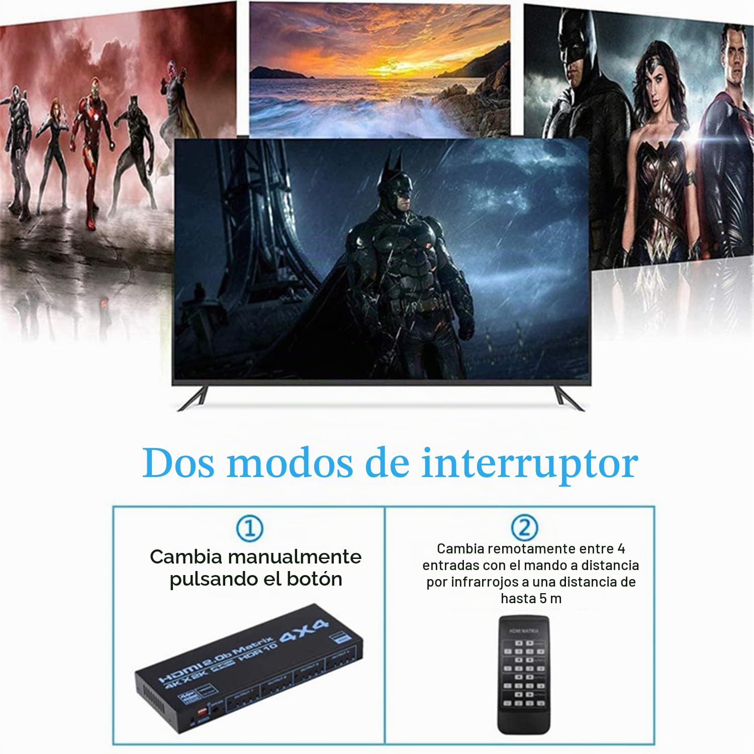Selector de Matriz 4X4,Matriz 4K HDMI 4 entradas 4 Salidas Matriz HdMI 2.0 Puertos 4x4 Soporta 4K @ 60Hz 4K Dolby Vision HDR HDCP 2.2 Soporte de Mando a Distancia