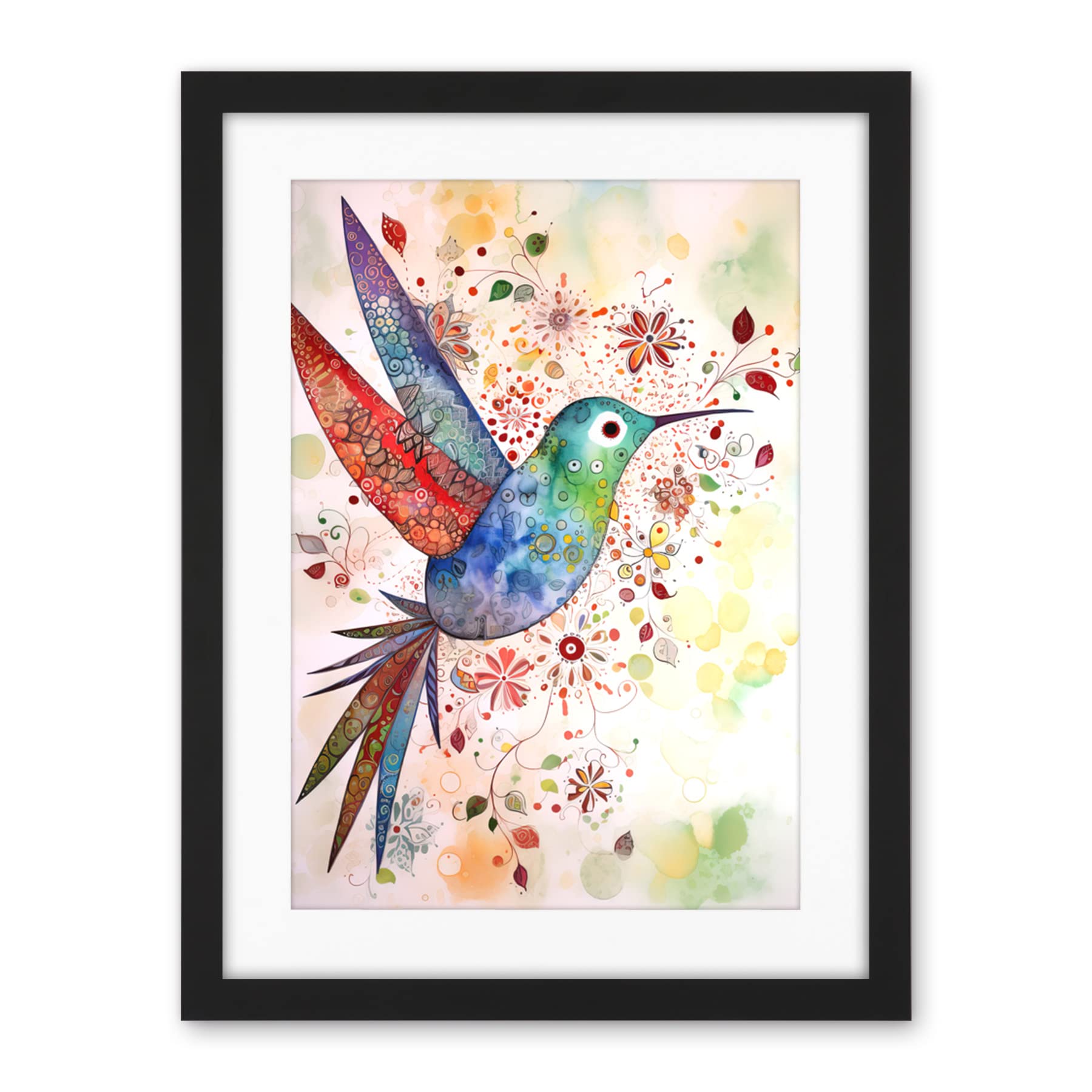 Artery8 Hummingbird With Flower Patterns Folk Art Watercolour Painting Artwork Framed Wall Art Print 18X24 Inch