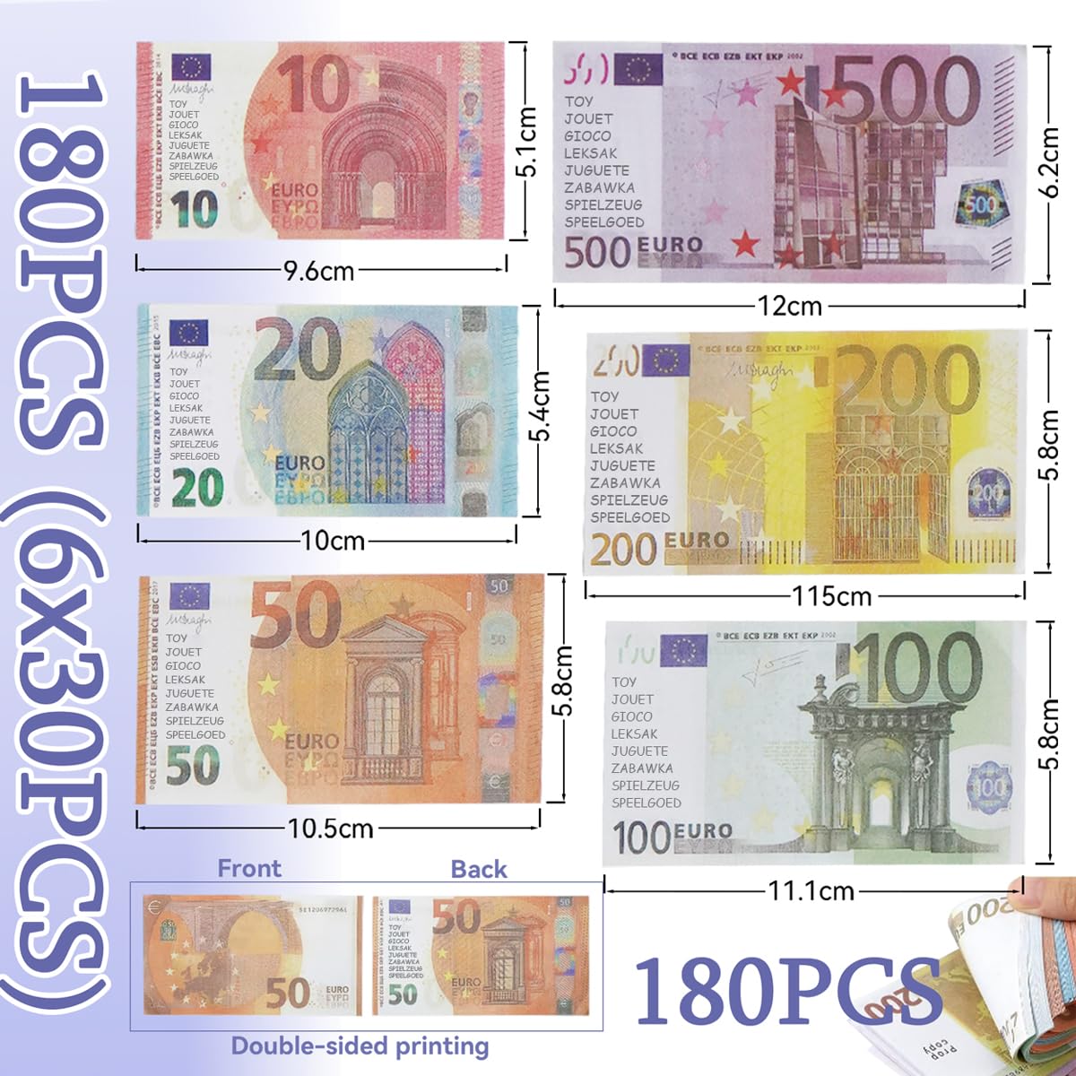 Chumix 180 Pezzi Soldi Finti per Bambini, 10, 20, 50, 100, 200, 500 Banconote Finte, Soldi Falsi Utilizzare nelle Registratore di Cassa Giocattolo, Come Oggetti Scena per L'apprendimento e Il Gioco